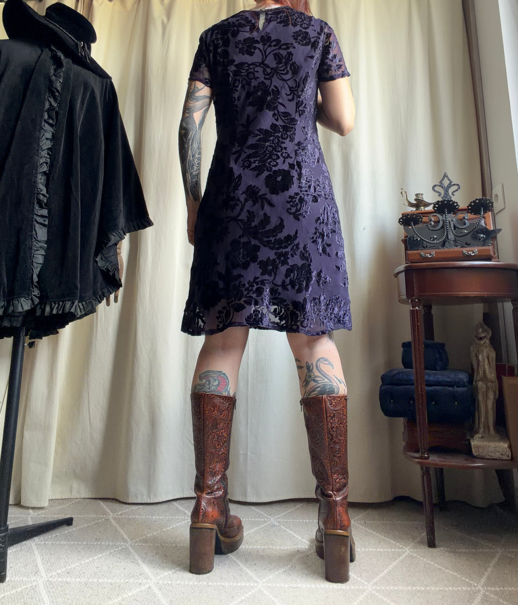 Robe René Derhy velours dévoré violet floral style whimsigoth romantic goth – taille M/L