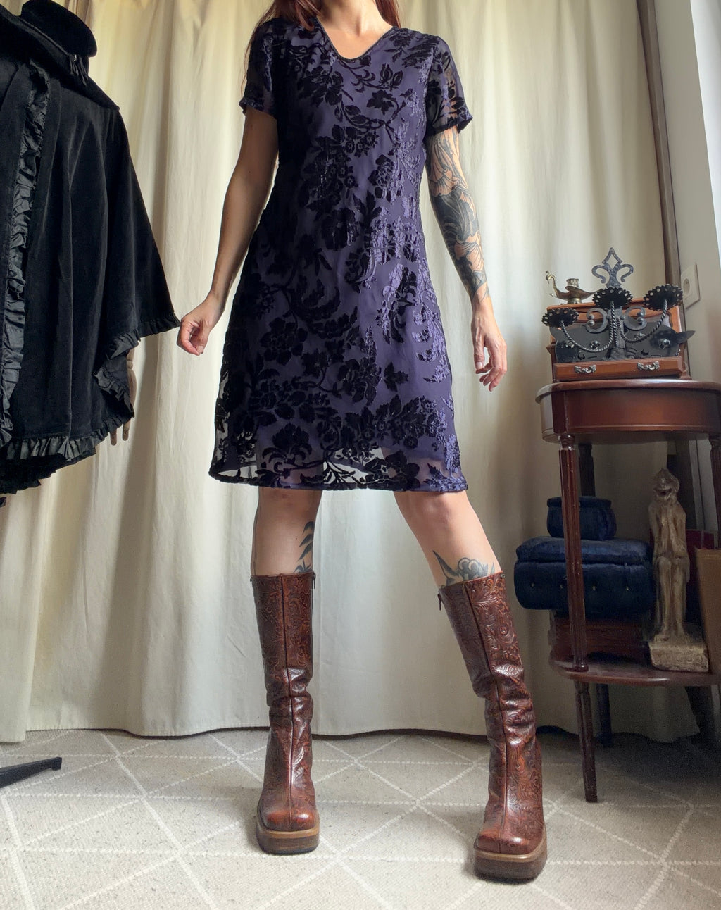 Robe René Derhy velours dévoré violet floral style whimsigoth romantic goth – taille M/L