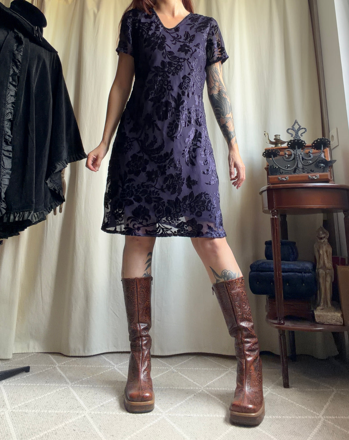 René Derhy burnout velvet purple floral whimsigoth romantic goth dress – size M/L