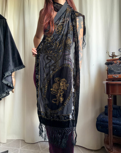 Black velvet shawl with gold floral embroidery and fringes Victorian goth whimsigoth style