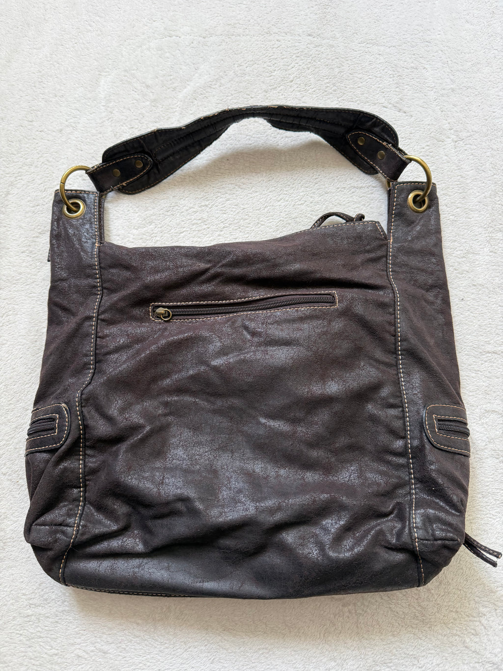 Sac à main cuir marron foncé poches multiples et métal bronze - Y2K grunge goth vintage