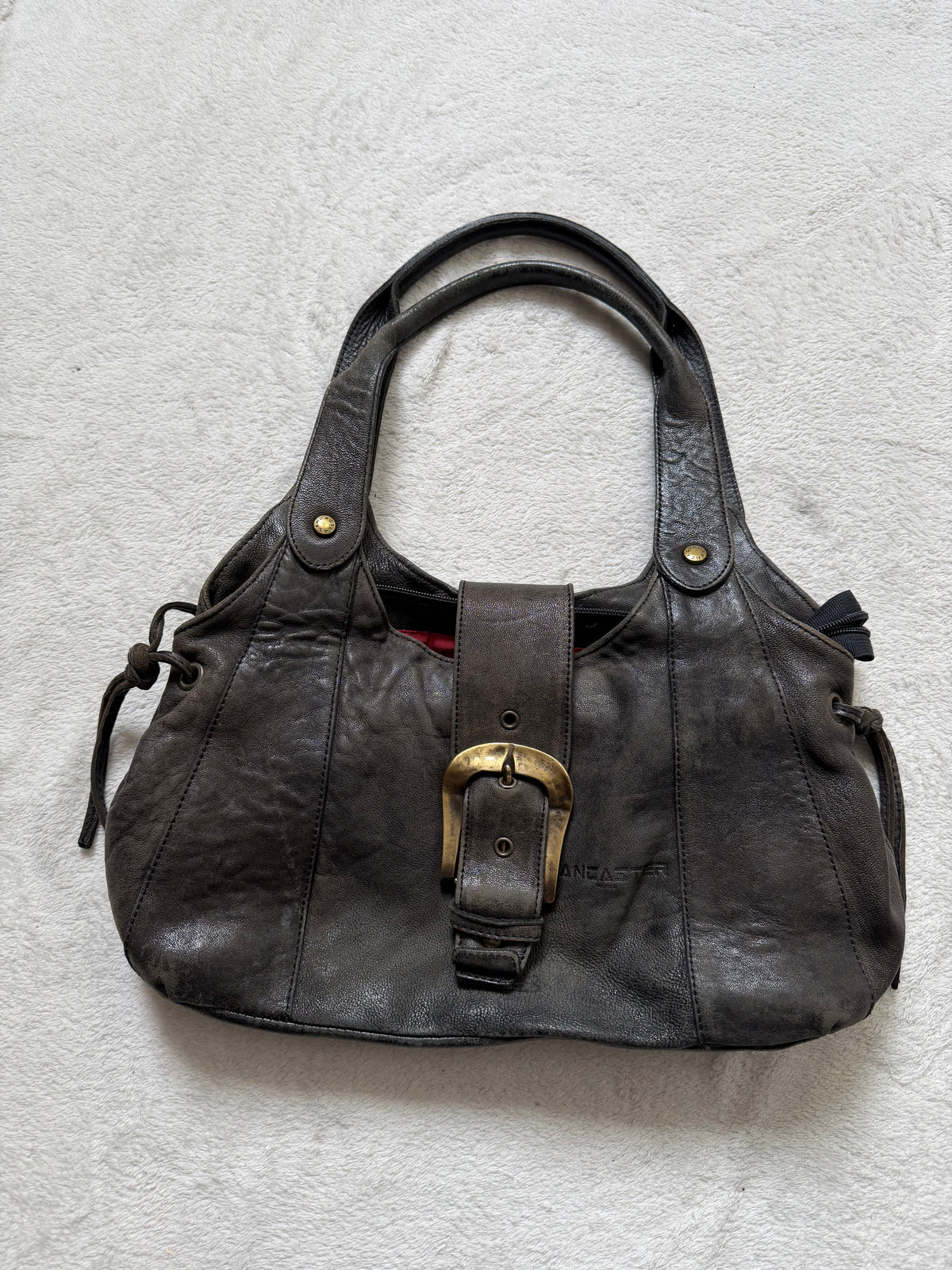 Sac Lancaster en cuir marron/gris anthracite patiné grande boucle - Y2K goth vintage
