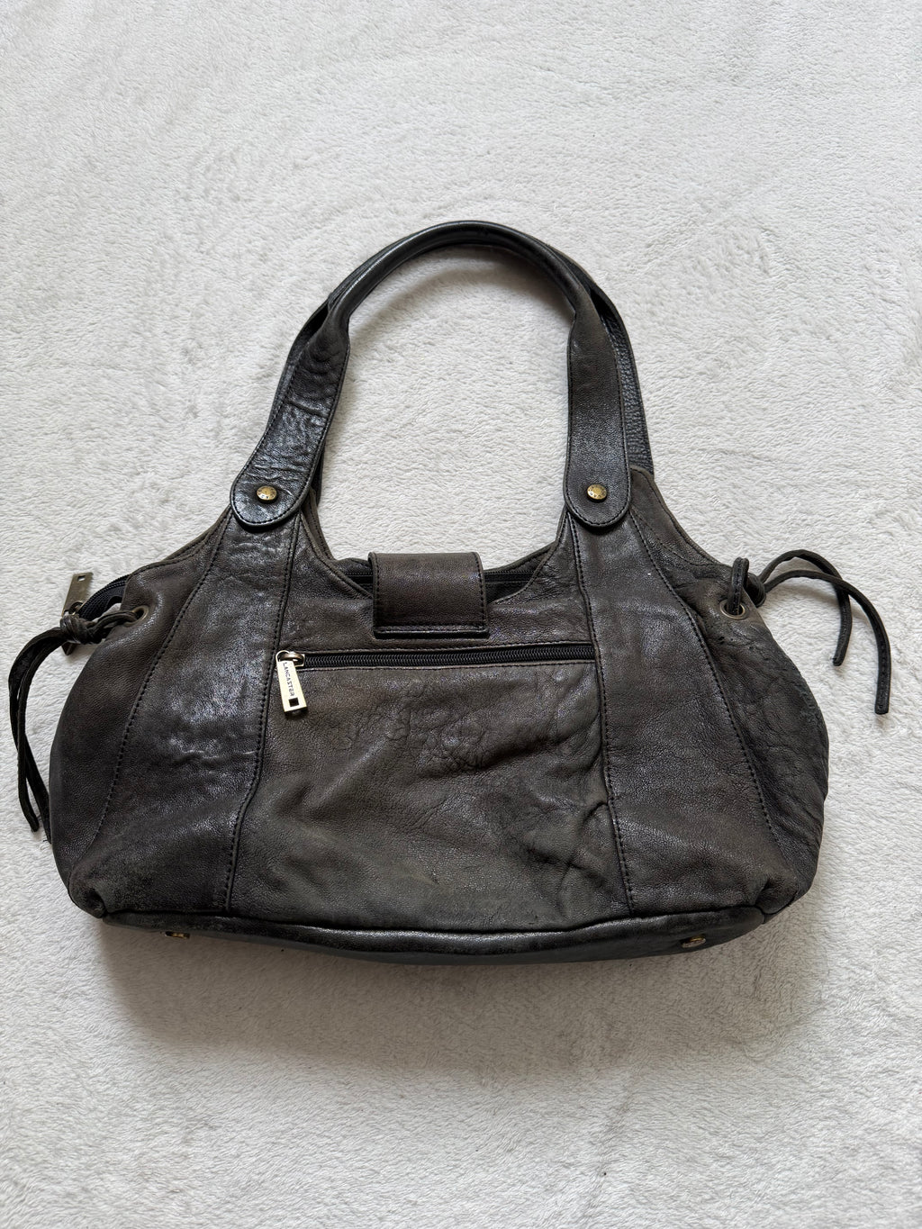 Sac Lancaster en cuir marron/gris anthracite patiné grande boucle - Y2K goth vintage