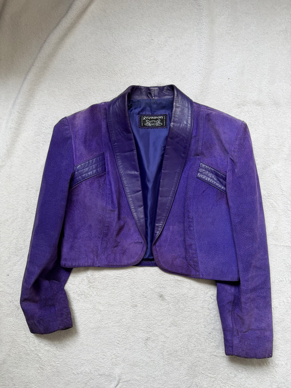 Ensemble rare veste courte et jupe midi en cuir violet vintage 80s - Taille M