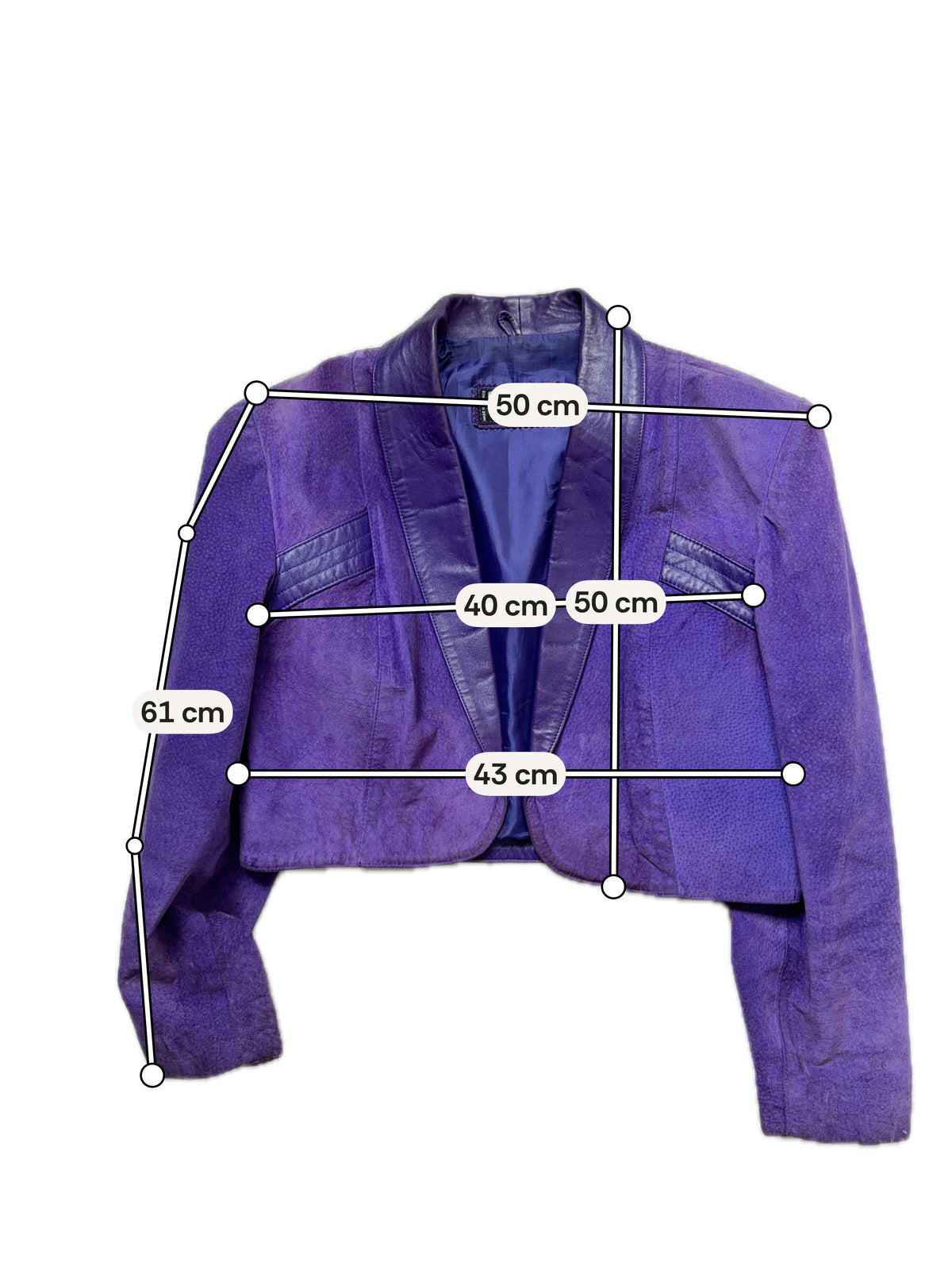 Ensemble rare veste courte et jupe midi en cuir violet vintage 80s - Taille M