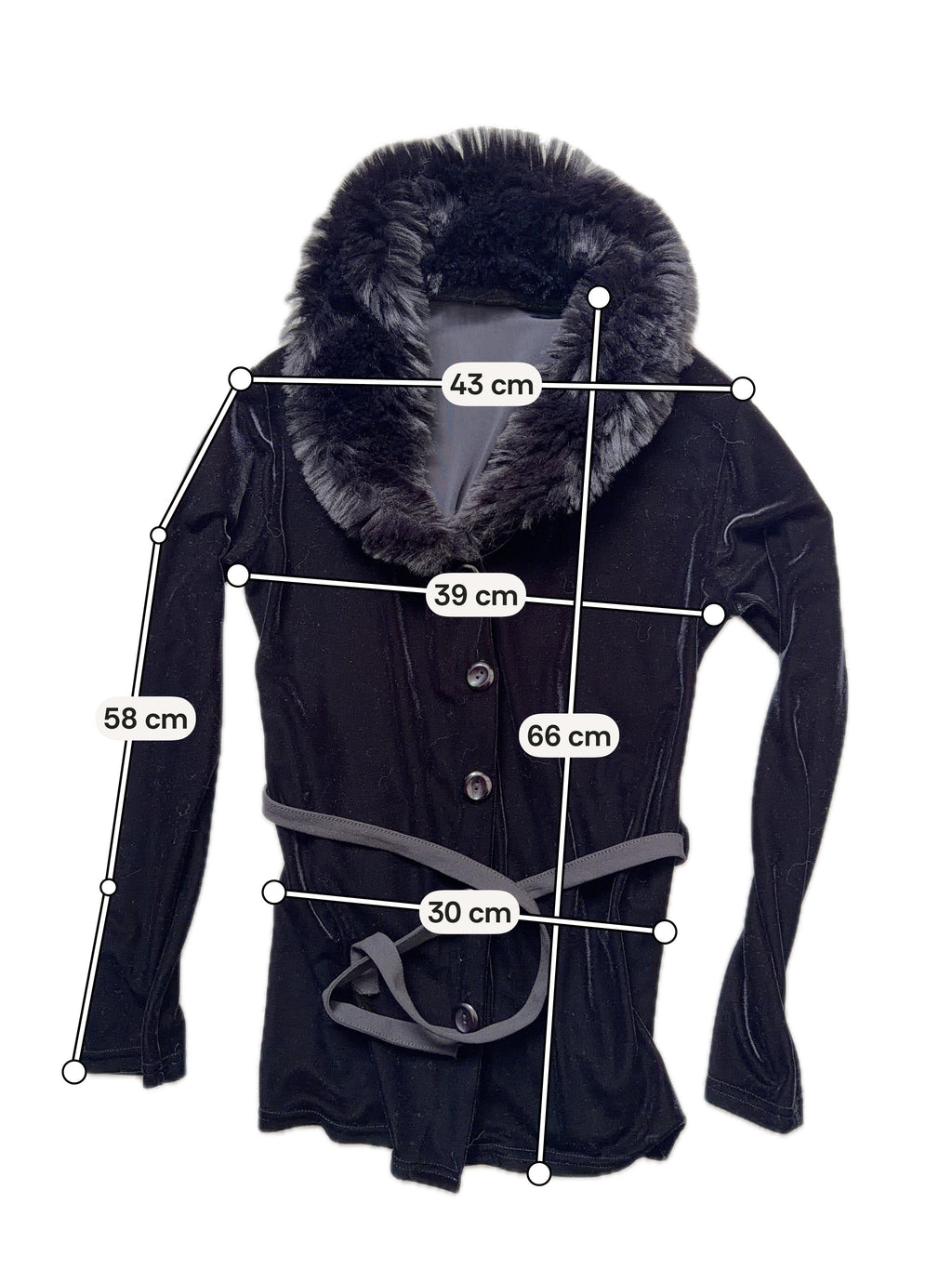Cardigan noir en velours avec col fausse fourrure style vampy 90s - taille S/M