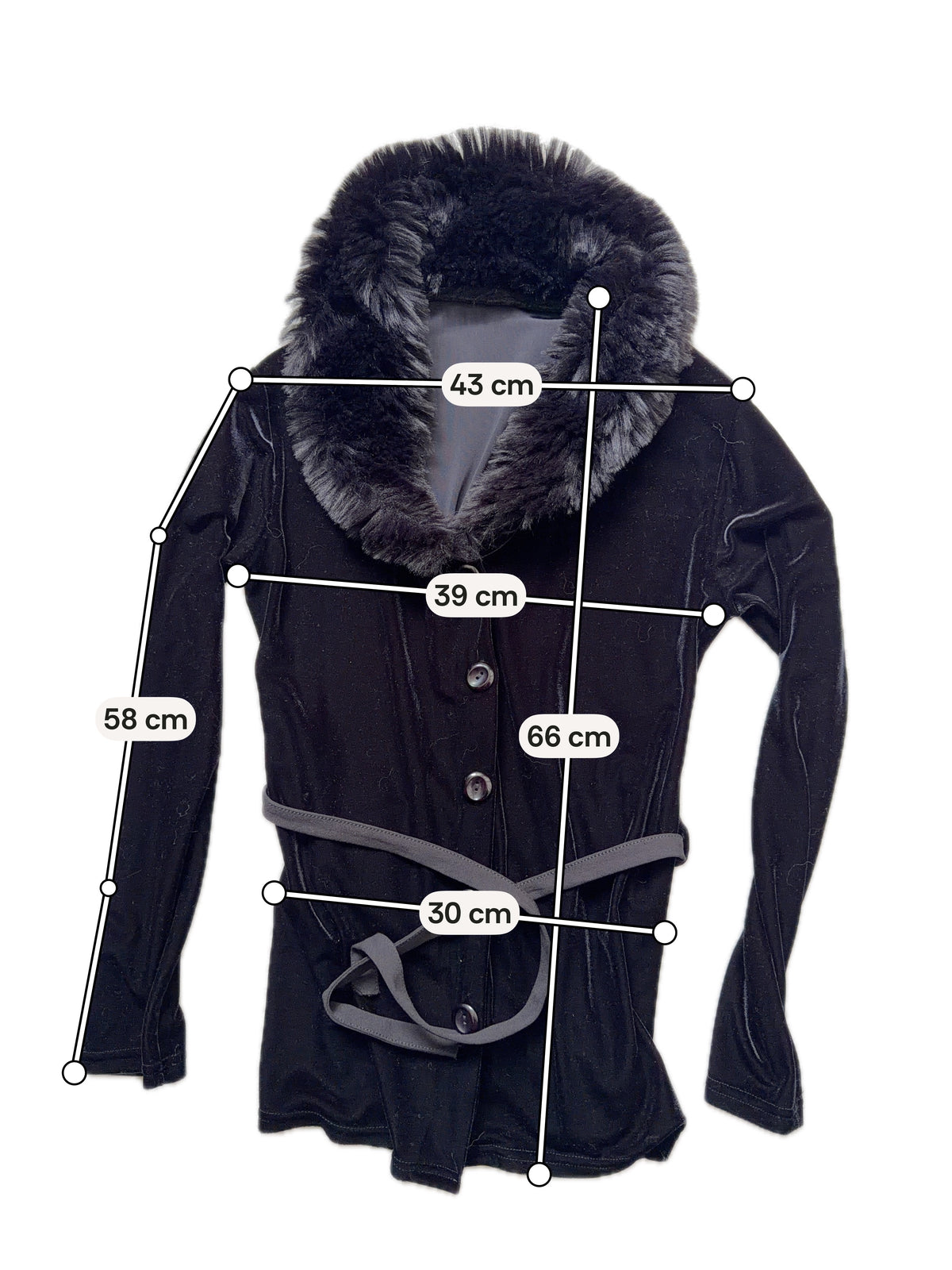 Cardigan noir en velours avec col fausse fourrure style vampy 90s - taille S/M