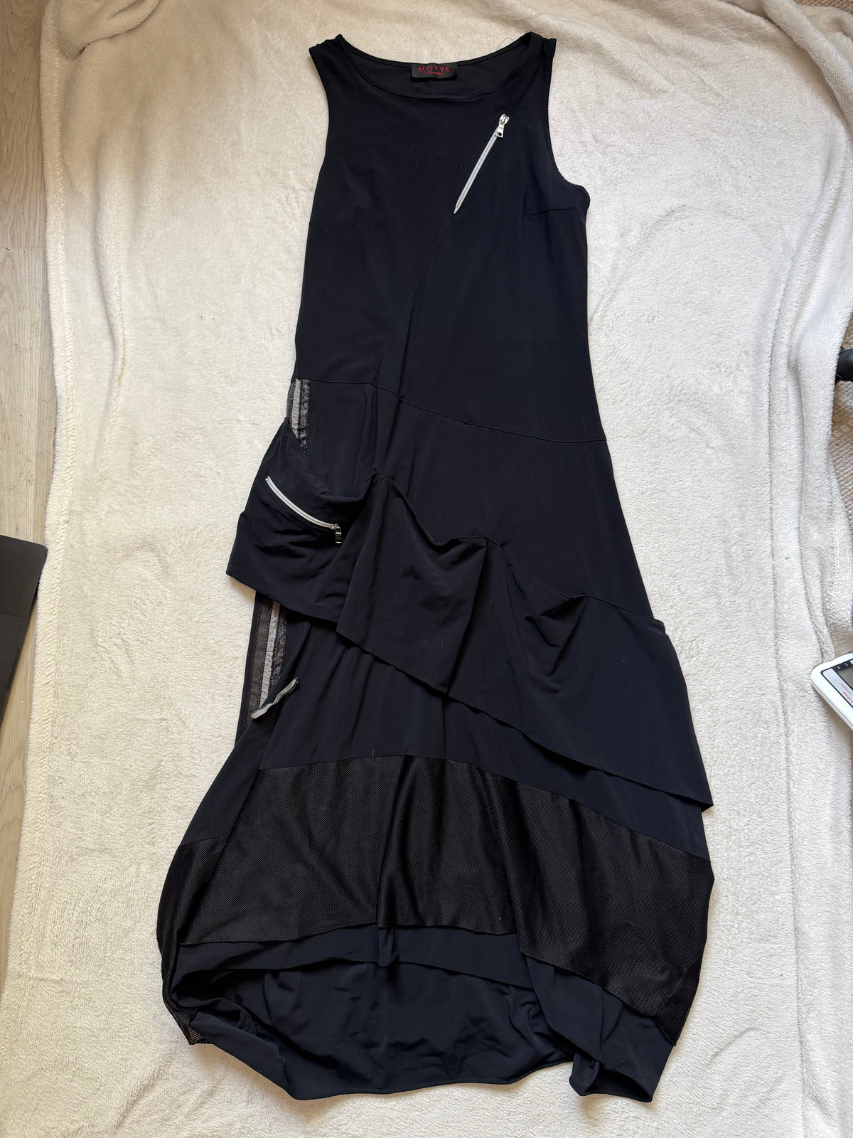 Asymmetric black long dress with industrial avant-garde style zips - Size L