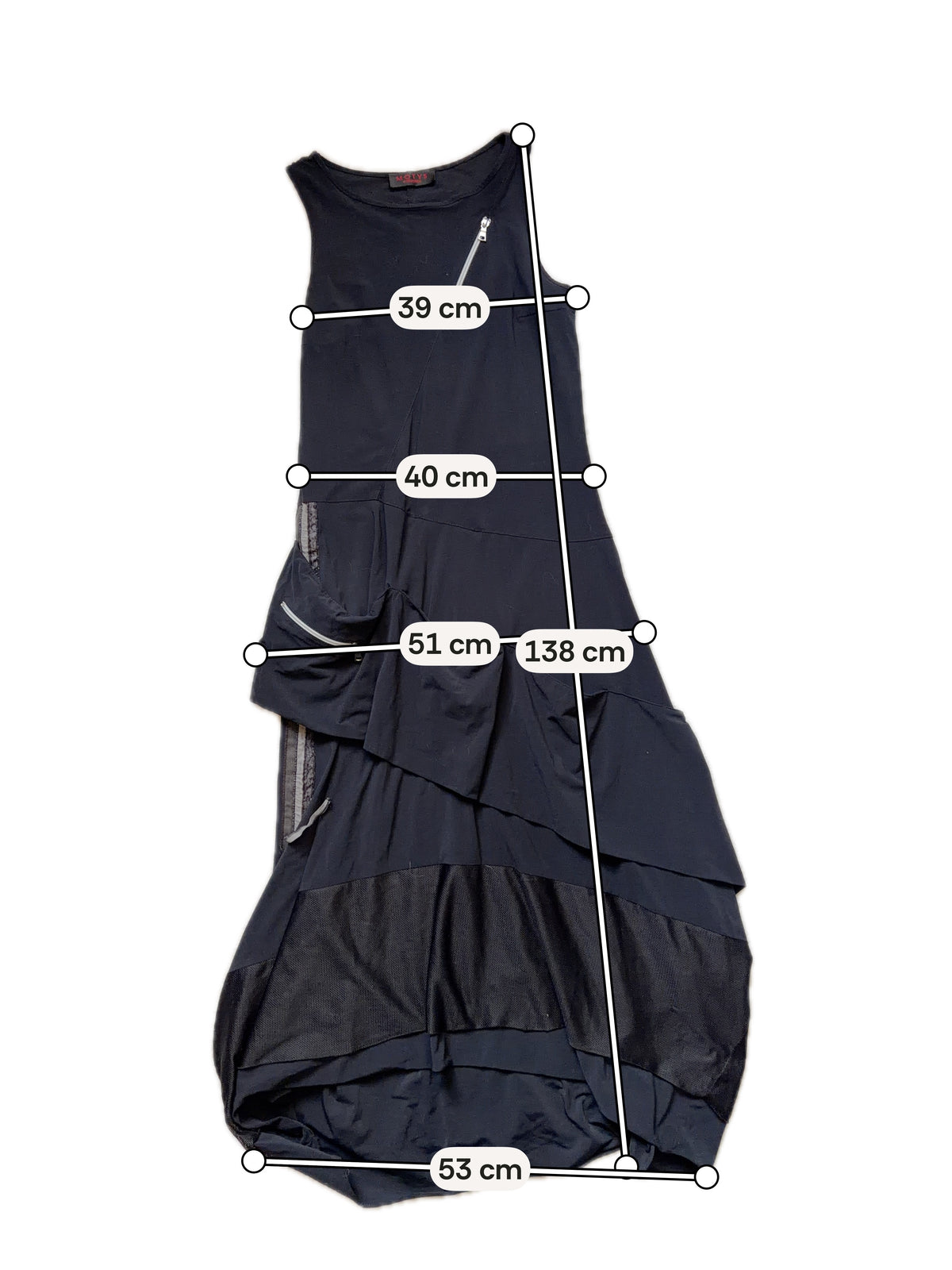 Asymmetric black long dress with industrial avant-garde style zips - Size L