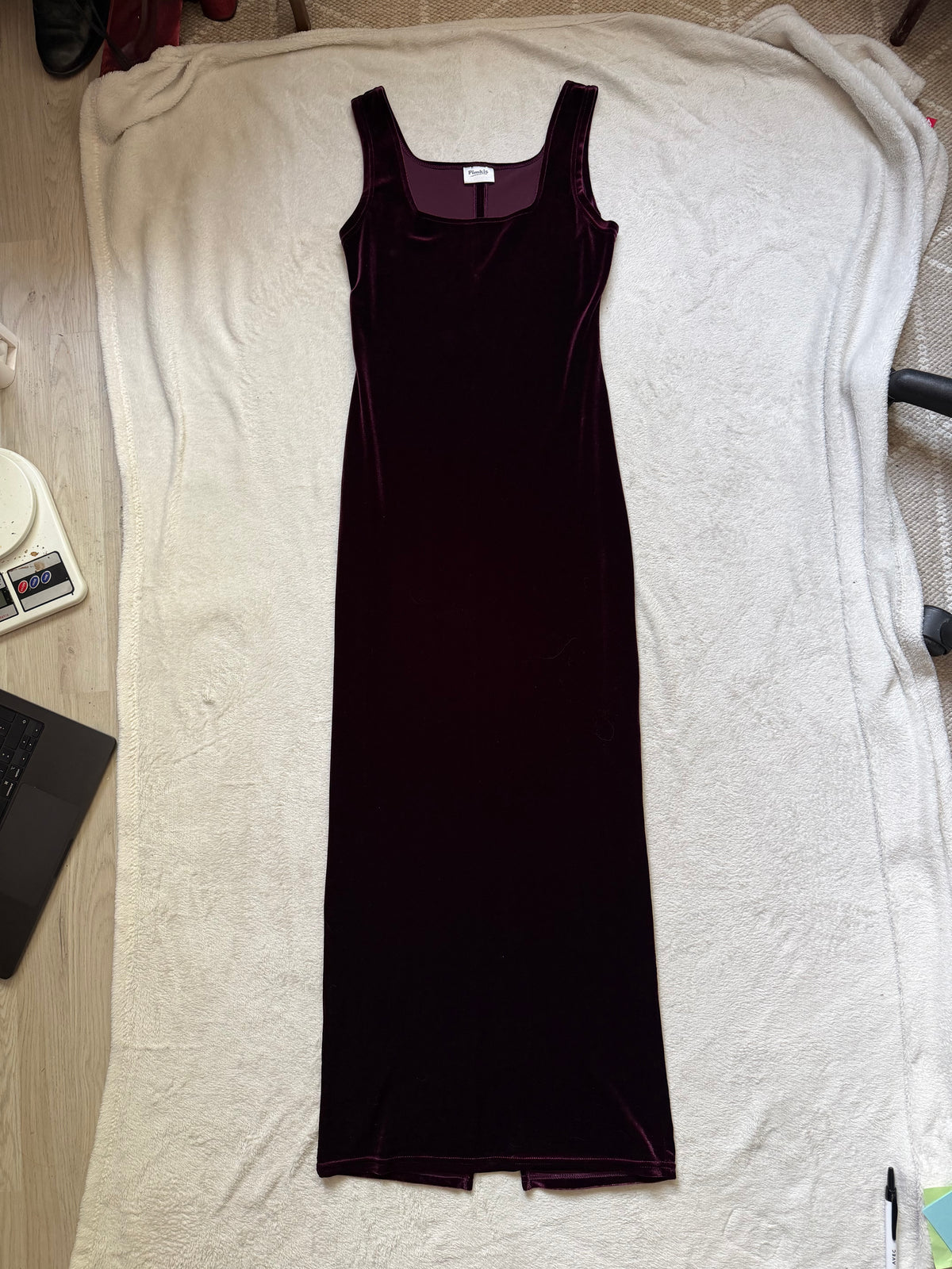 Robe longue velours bordeaux/prune encolure carrée – vampire goth 90s – taille S/M