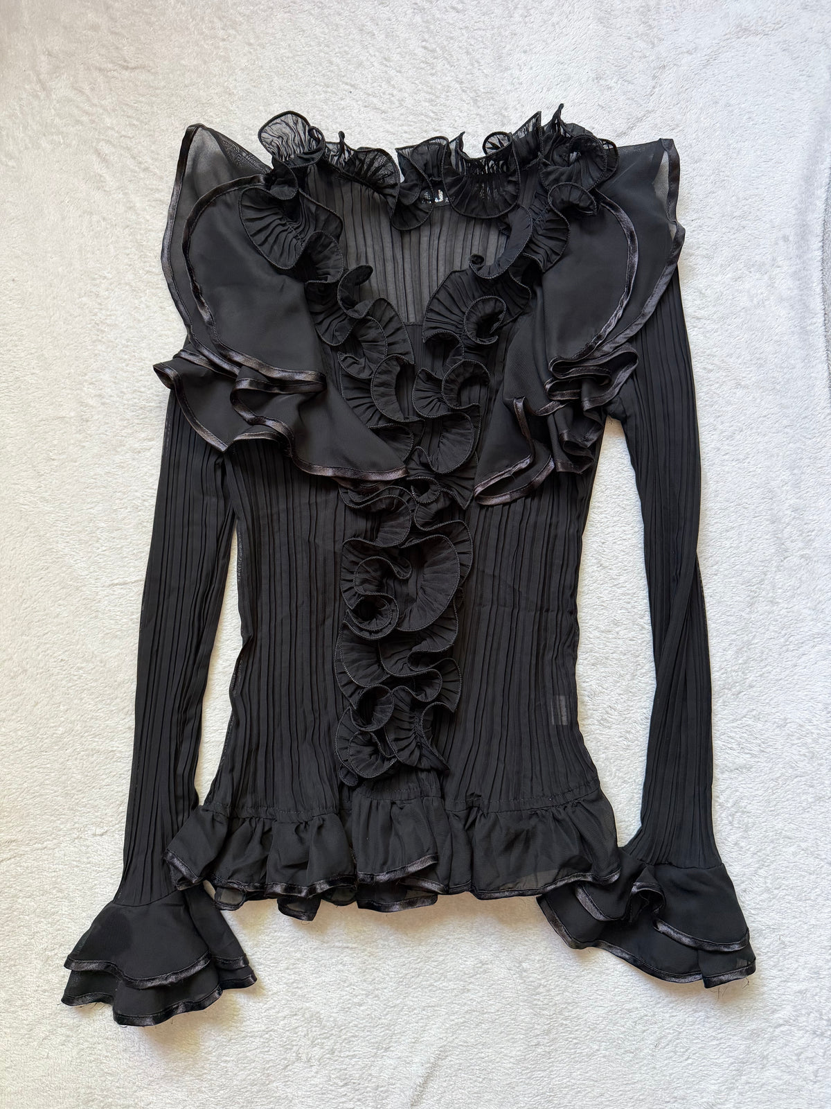 Blouse noire en voile plissé à volants style vampire goth victorien – taille XL/XXL
