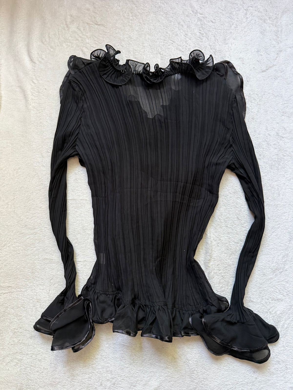 Blouse noire en voile plissé à volants style vampire goth victorien – taille XL/XXL