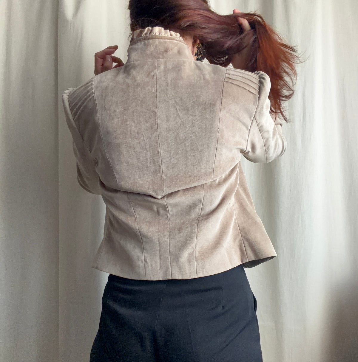 Fitted beige crushed velvet military Victorian romantic goth jacket – size M/L