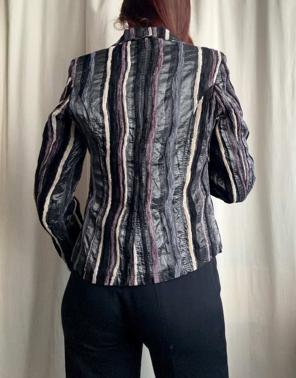 Black textured striped fitted blazer, avant-garde 90s corporate goth style – size S