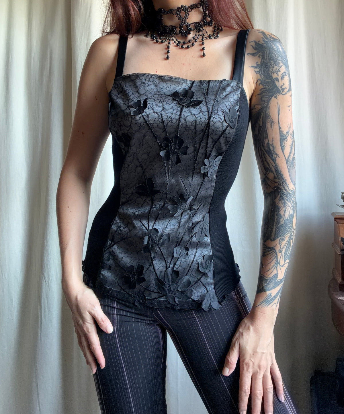 Top corseté laine et soie à dentelle florale style whimsigoth romantic goth – taille M/L
