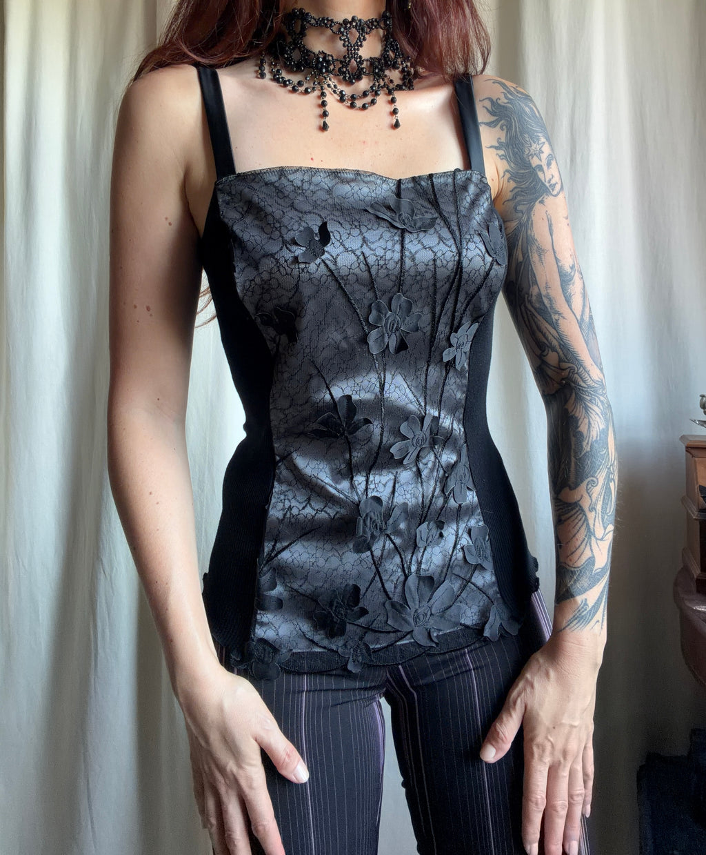 Top corseté laine et soie à dentelle florale style whimsigoth romantic goth – taille M/L
