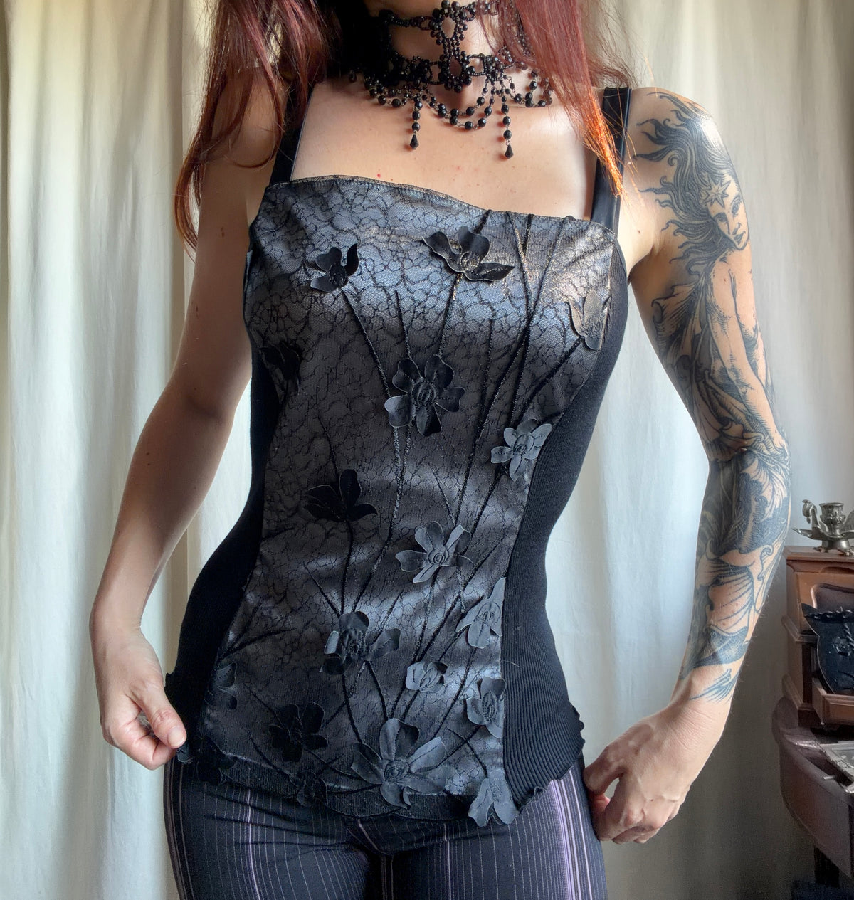 Top corseté laine et soie à dentelle florale style whimsigoth romantic goth – taille M/L
