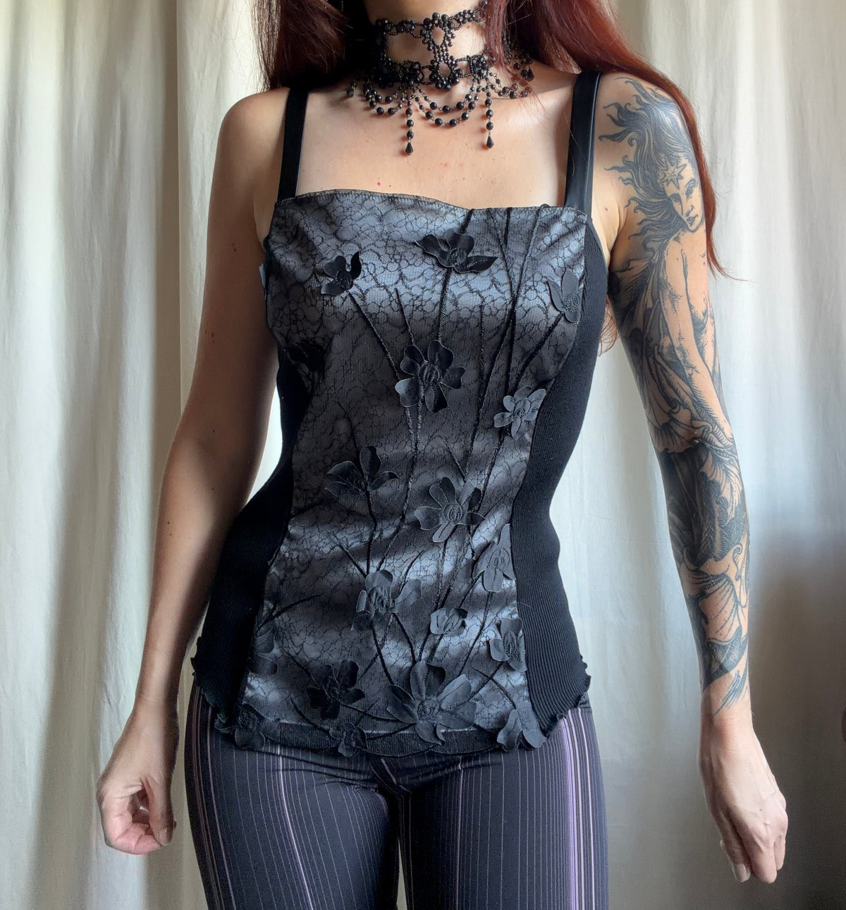 Top corseté laine et soie à dentelle florale style whimsigoth romantic goth – taille M/L