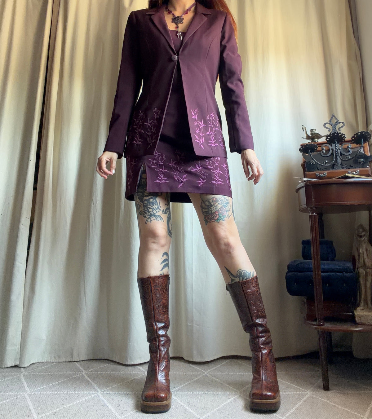 Plum Floral Embroidered Whimsigoth 90s Blazer and Dress Set – Size L