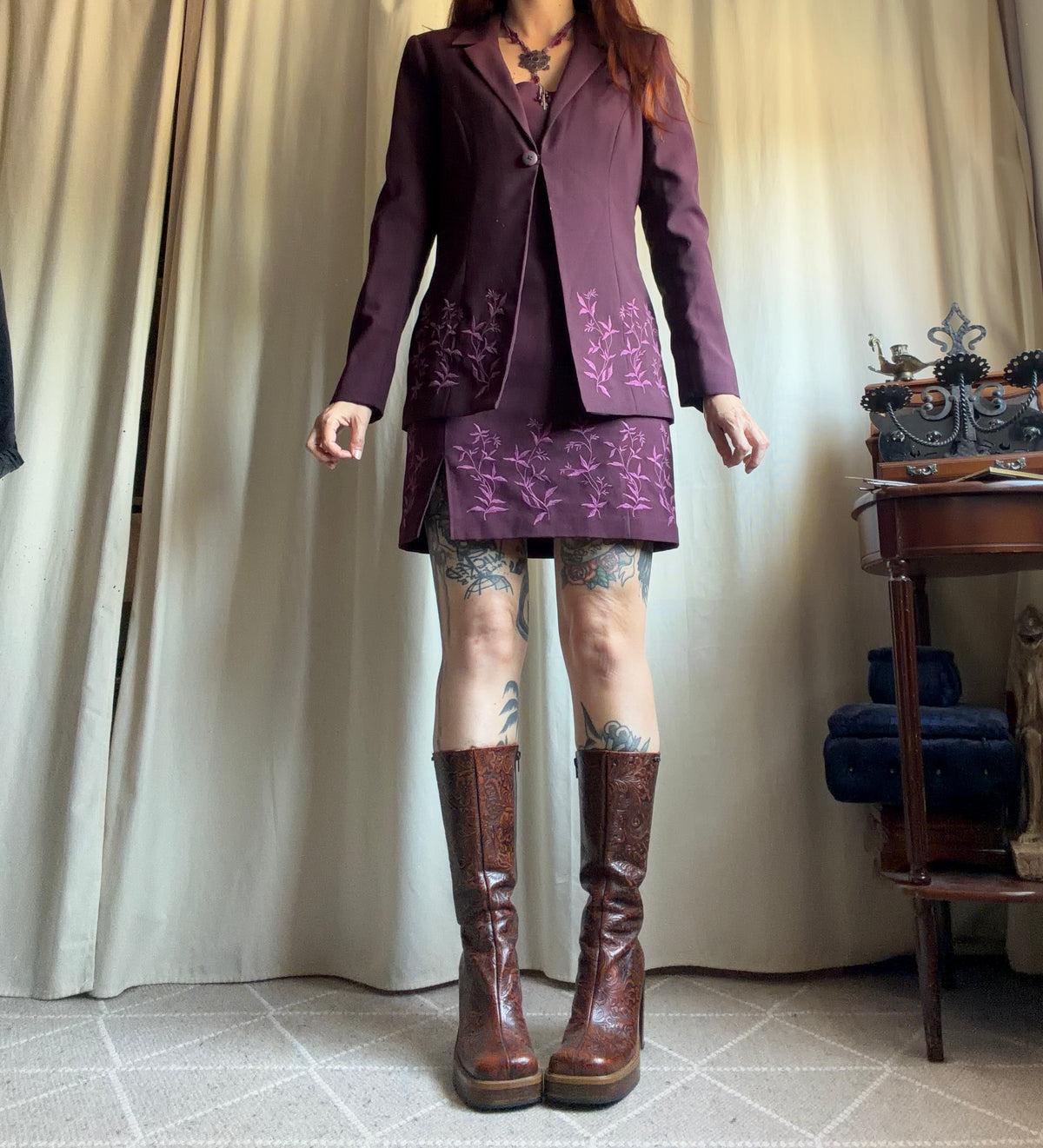Plum Floral Embroidered Whimsigoth 90s Blazer and Dress Set – Size L
