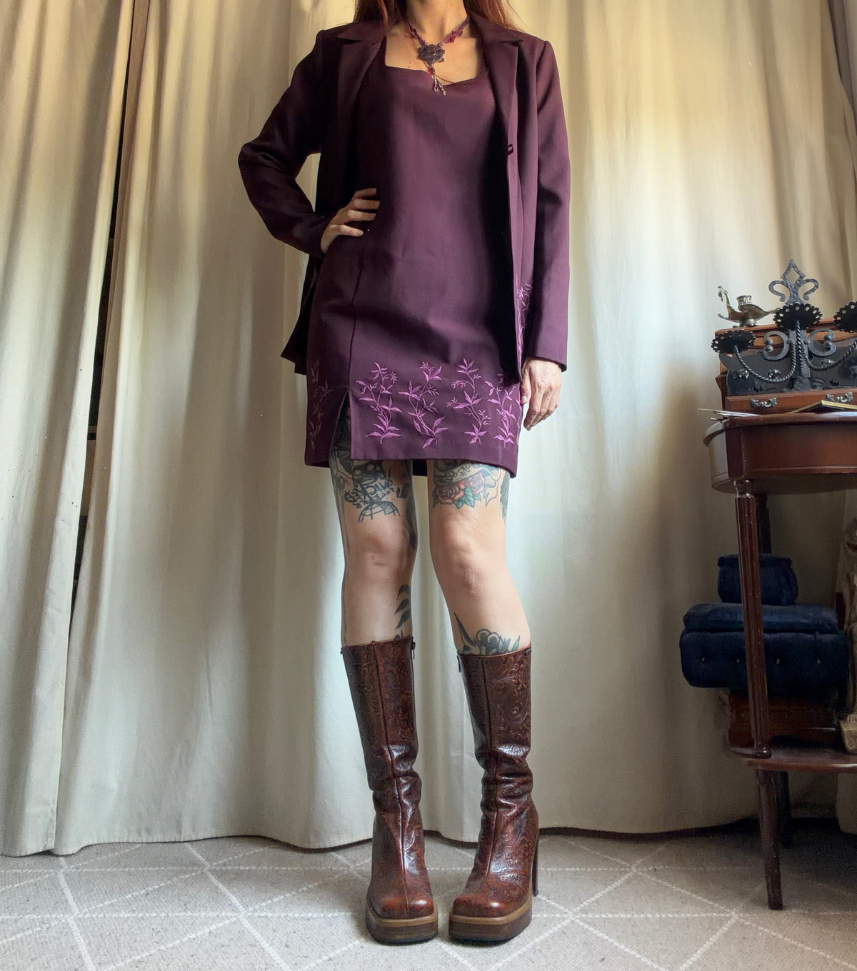 Plum Floral Embroidered Whimsigoth 90s Blazer and Dress Set – Size L