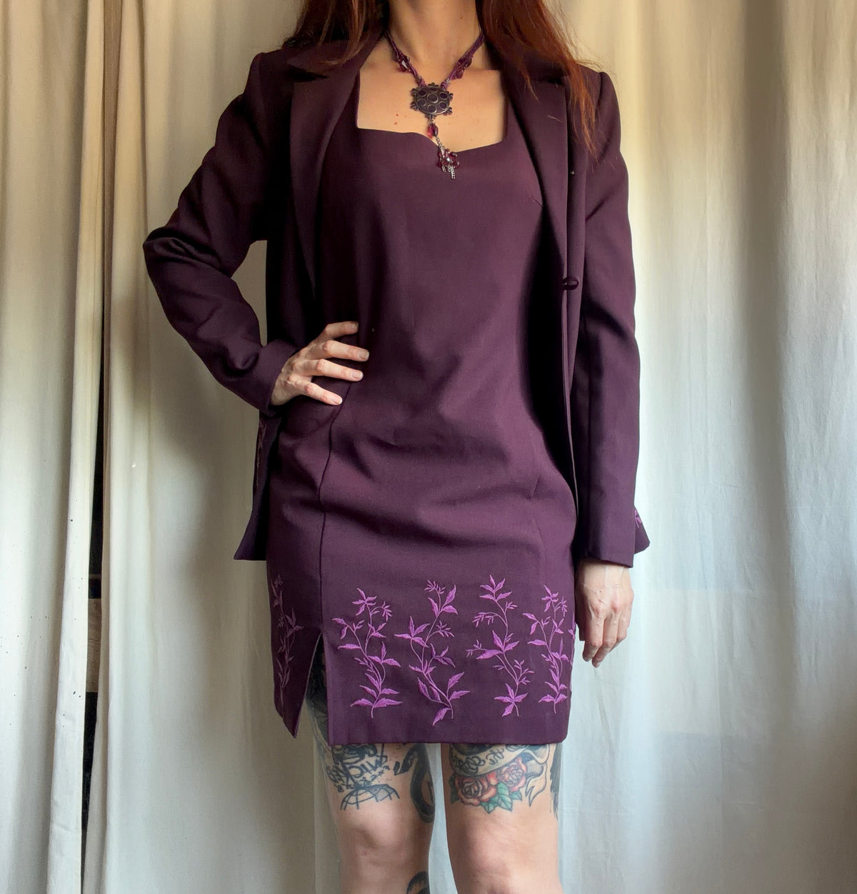 Plum Floral Embroidered Whimsigoth 90s Blazer and Dress Set – Size L