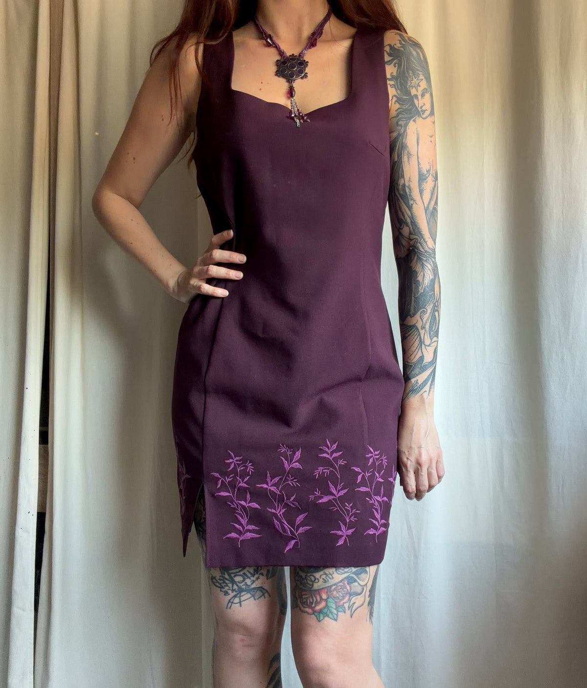 Ensemble blazer et robe prune broderies florales style 90s whimsigoth – taille L