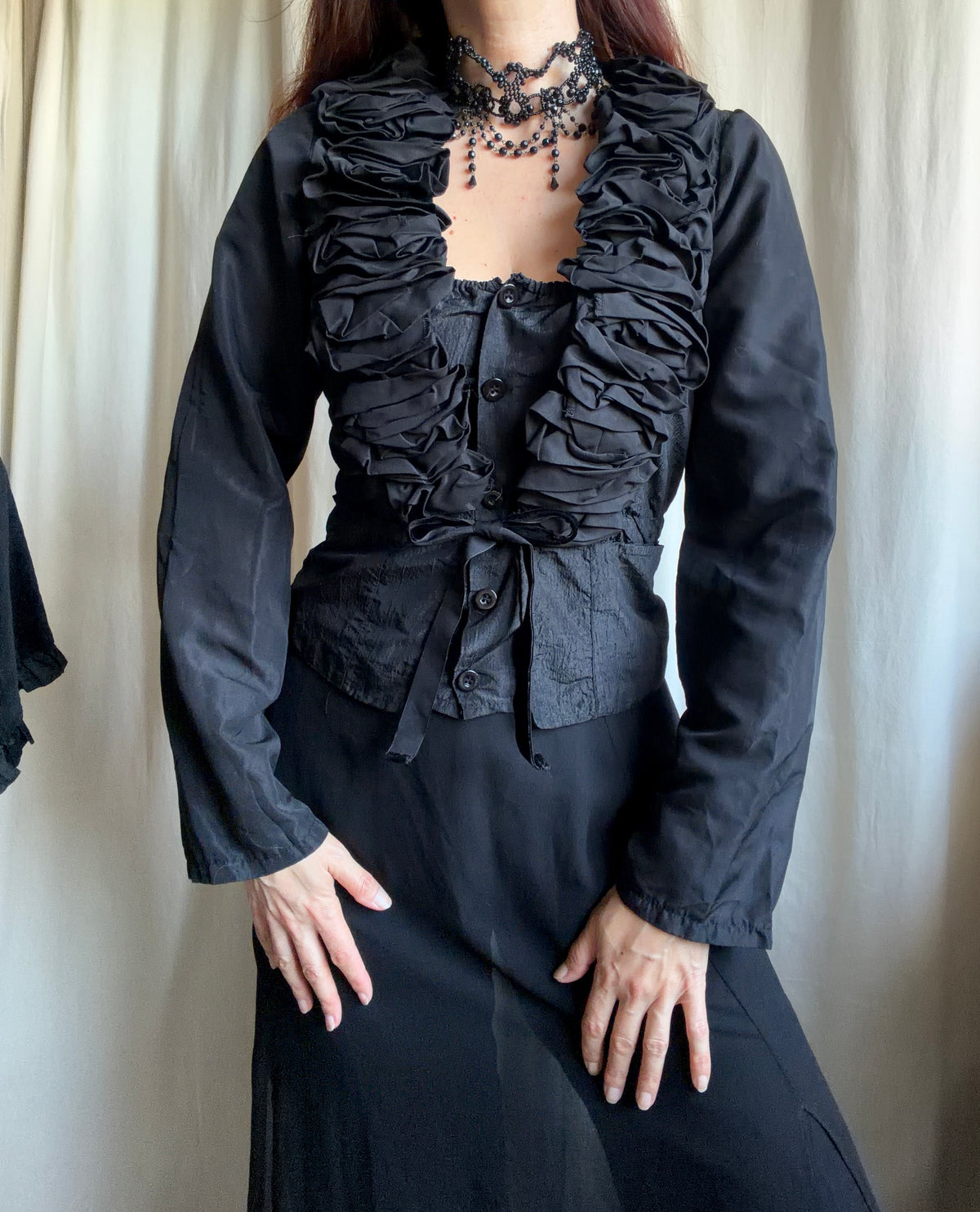 Black ruffled blouse with tied waist, romantic Victorian gothic vampire style - size S/M
