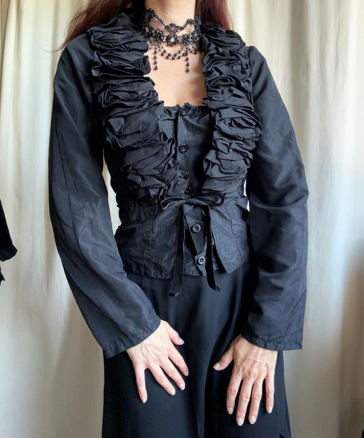 Black ruffled blouse with tied waist, romantic Victorian gothic vampire style - size S/M
