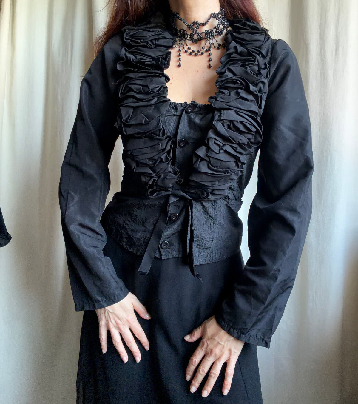 Black ruffled blouse with tied waist, romantic Victorian gothic vampire style - size S/M