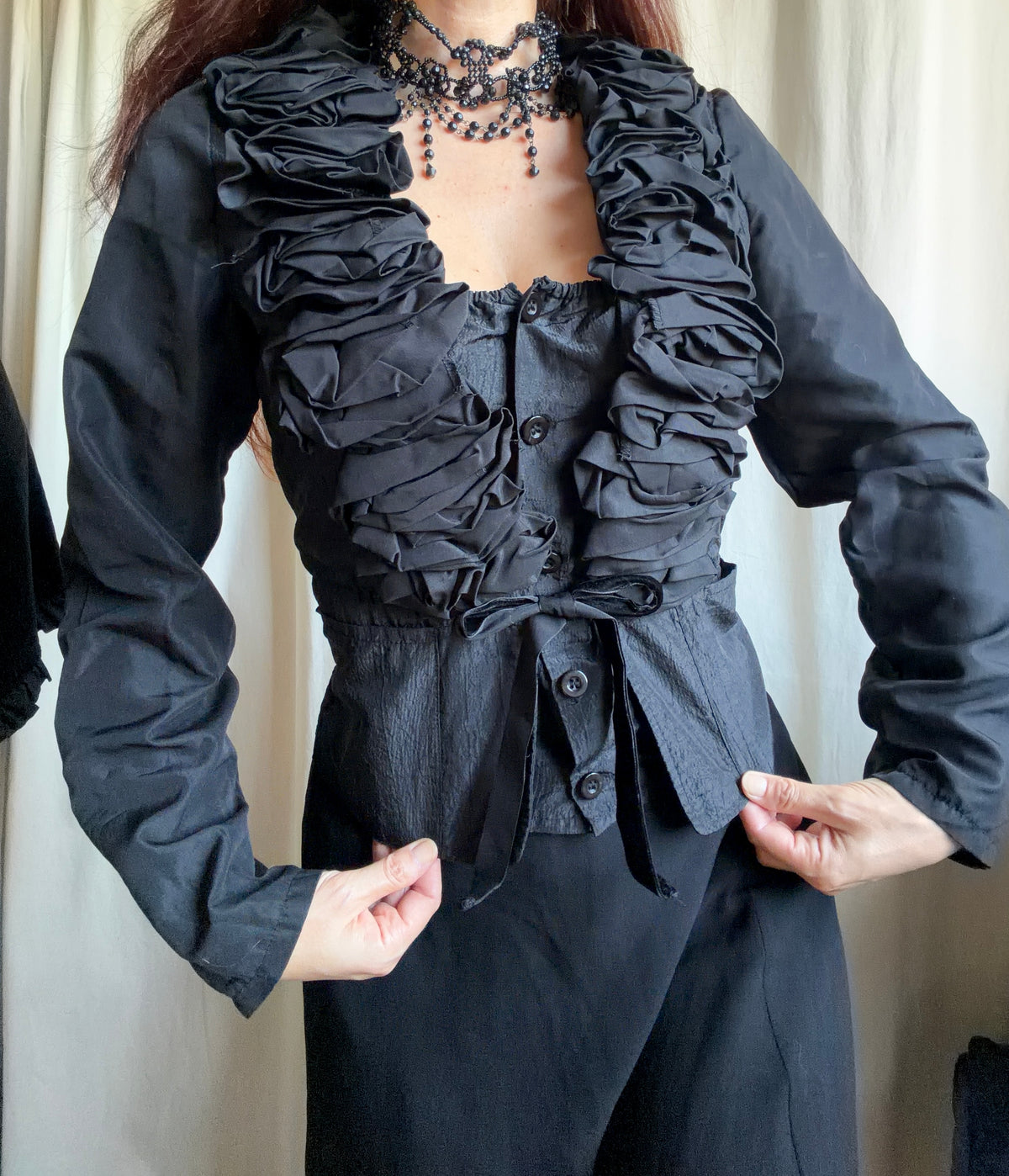 Black ruffled blouse with tied waist, romantic Victorian gothic vampire style - size S/M
