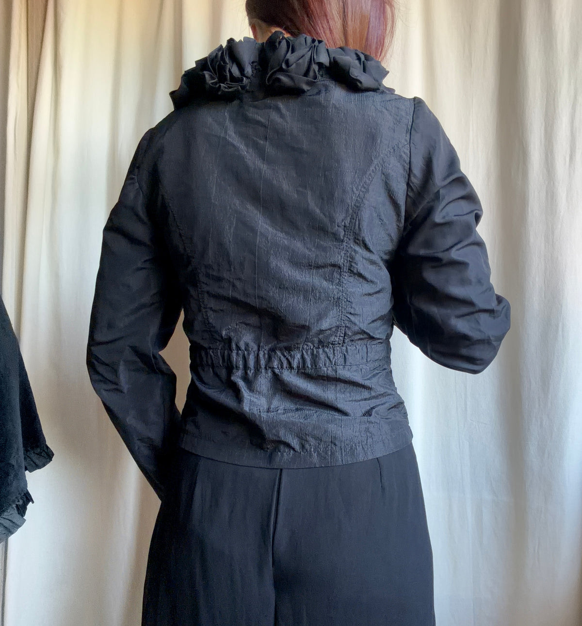 Black ruffled blouse with tied waist, romantic Victorian gothic vampire style - size S/M