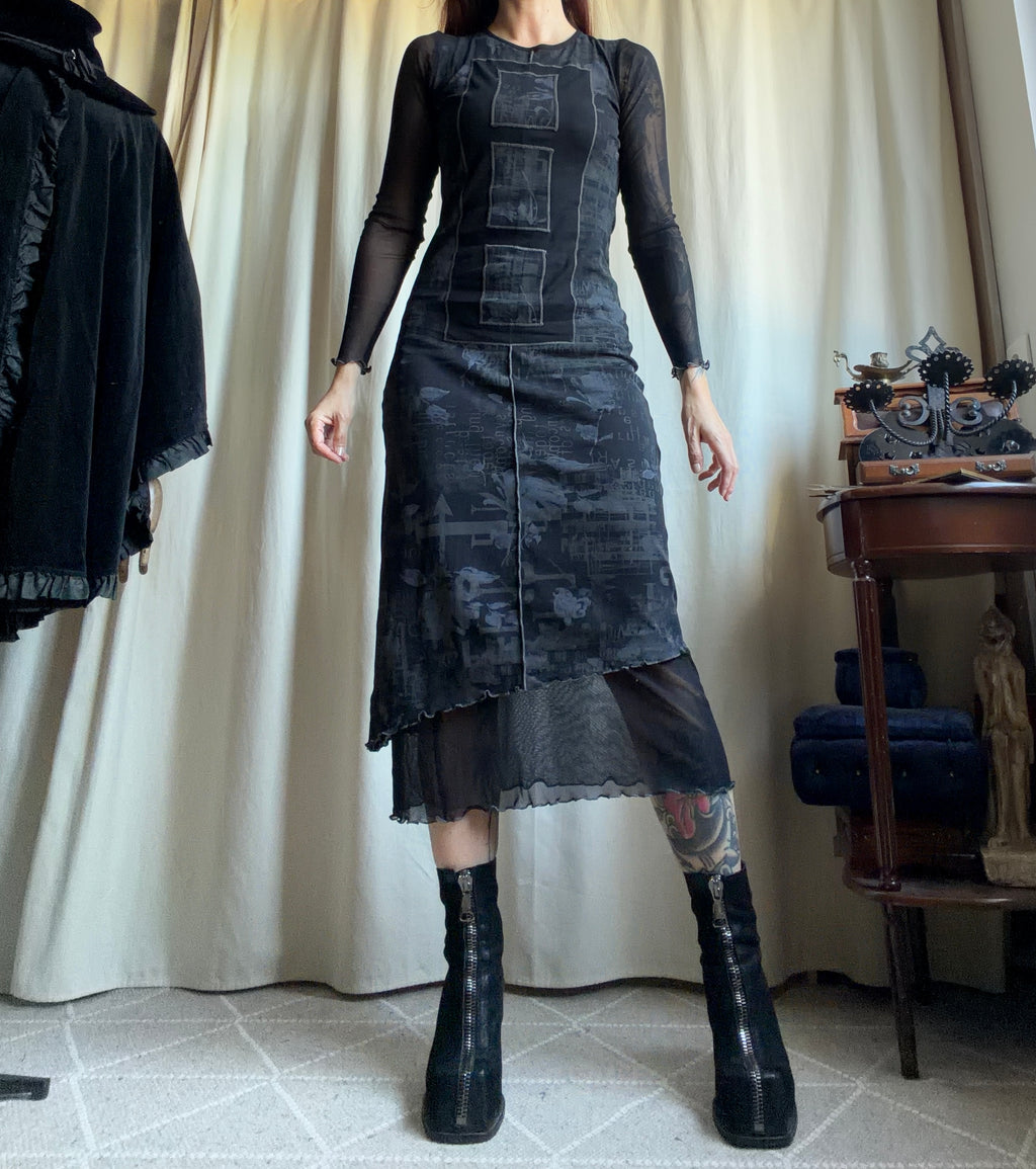 Graphic avant-garde goth cyber Y2K mesh maxi dress - size S