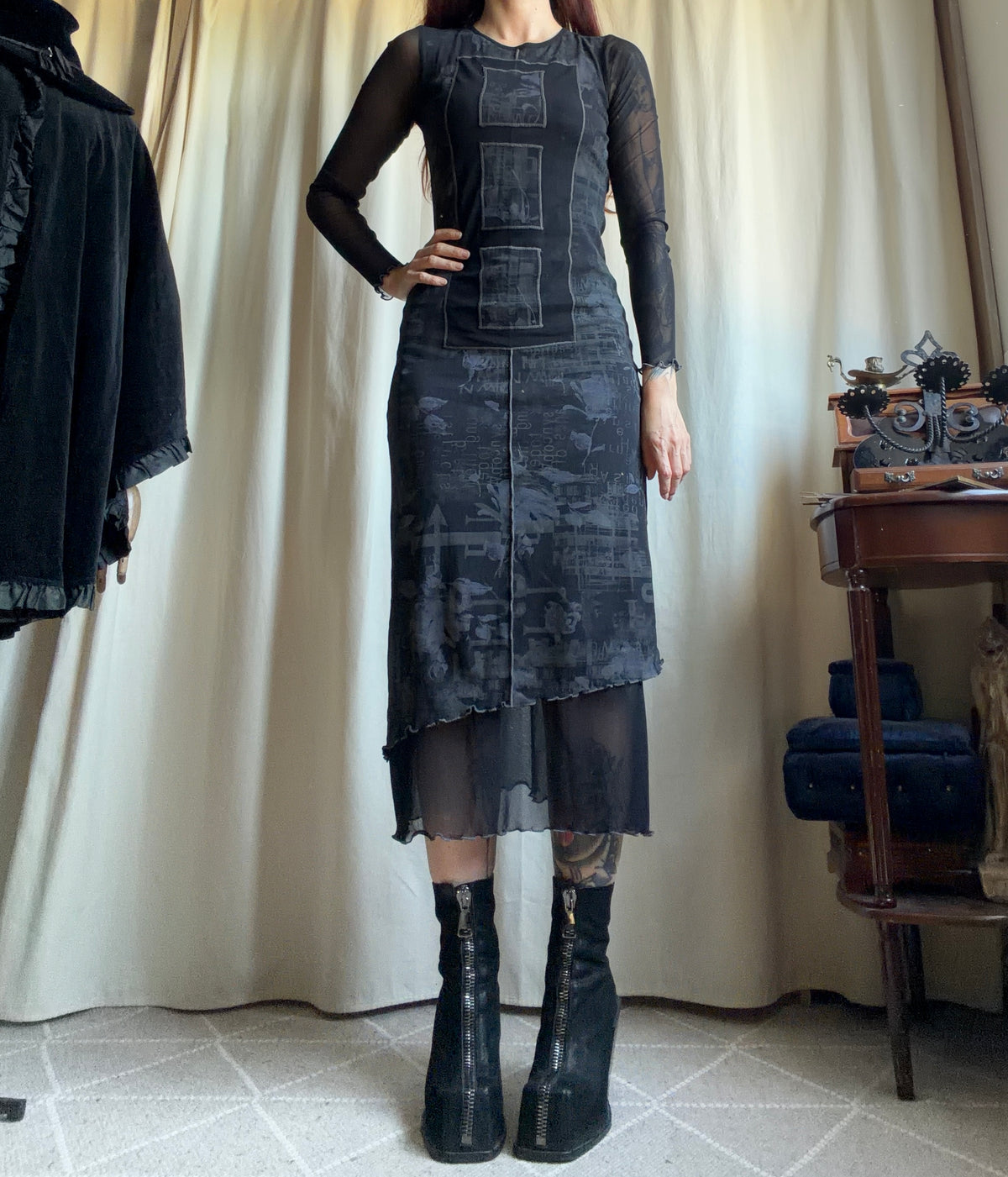 Graphic avant-garde goth cyber Y2K mesh maxi dress - size S