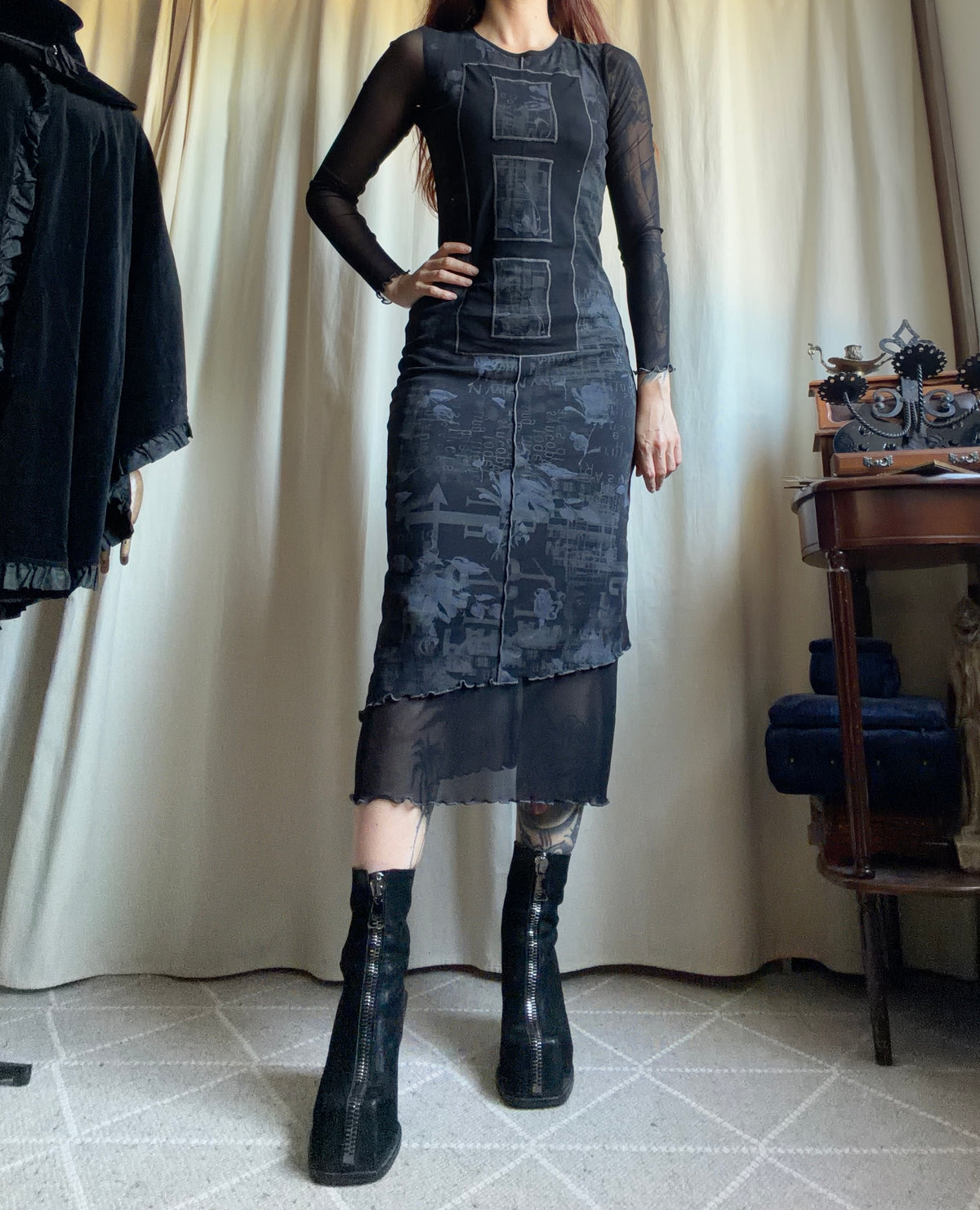 Graphic avant-garde goth cyber Y2K mesh maxi dress - size S