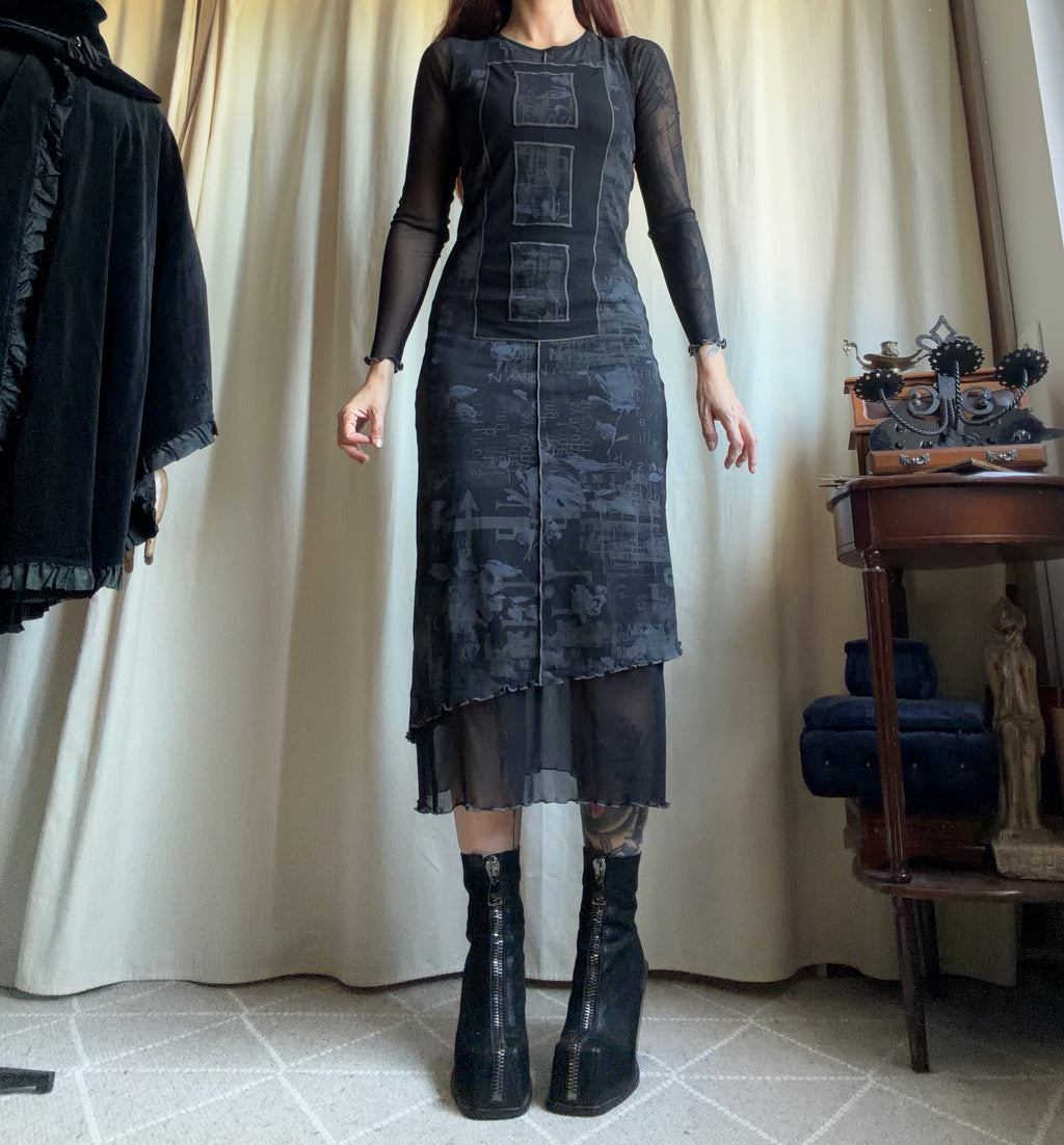 Graphic avant-garde goth cyber Y2K mesh maxi dress - size S