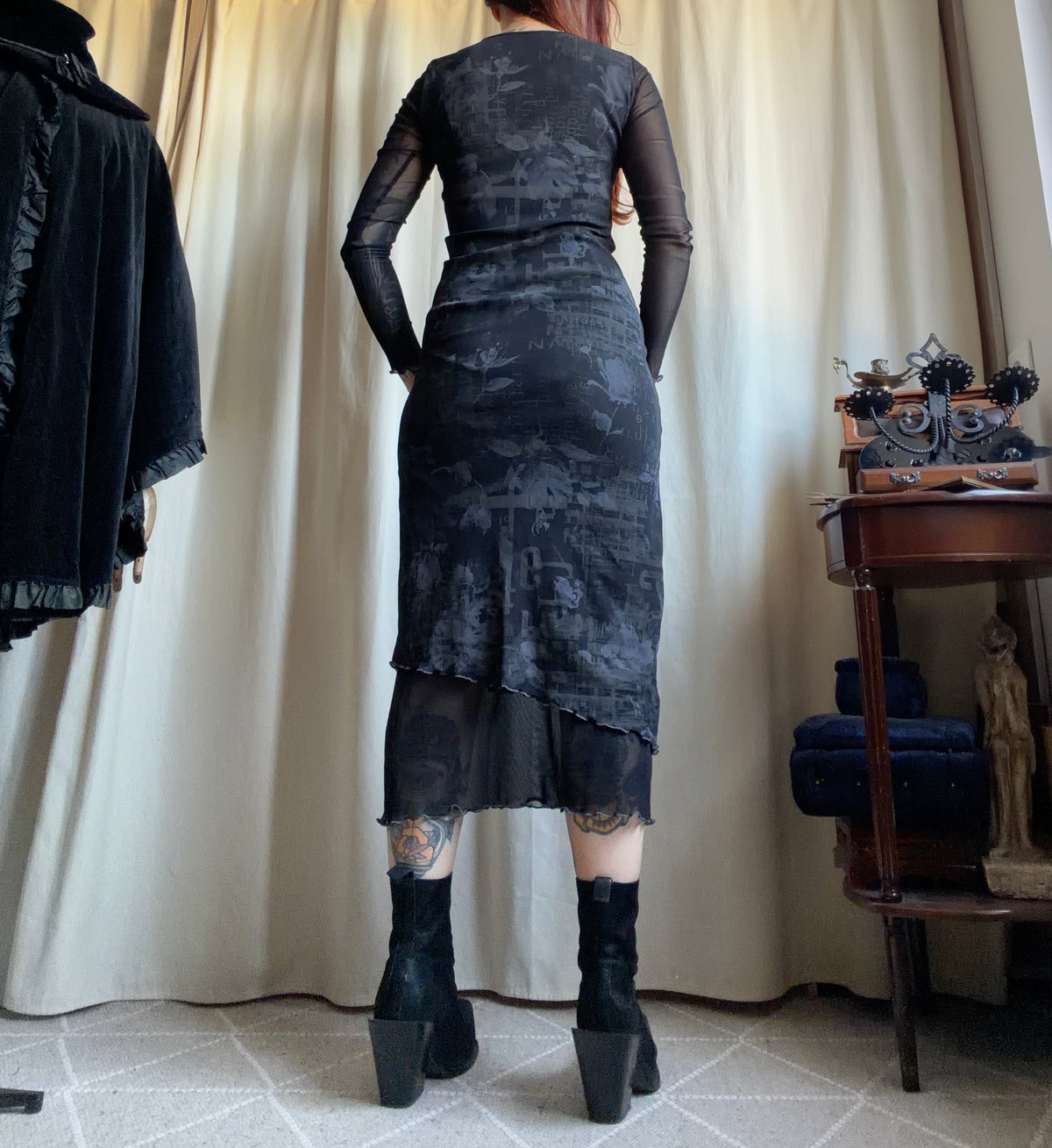 Graphic avant-garde goth cyber Y2K mesh maxi dress - size S