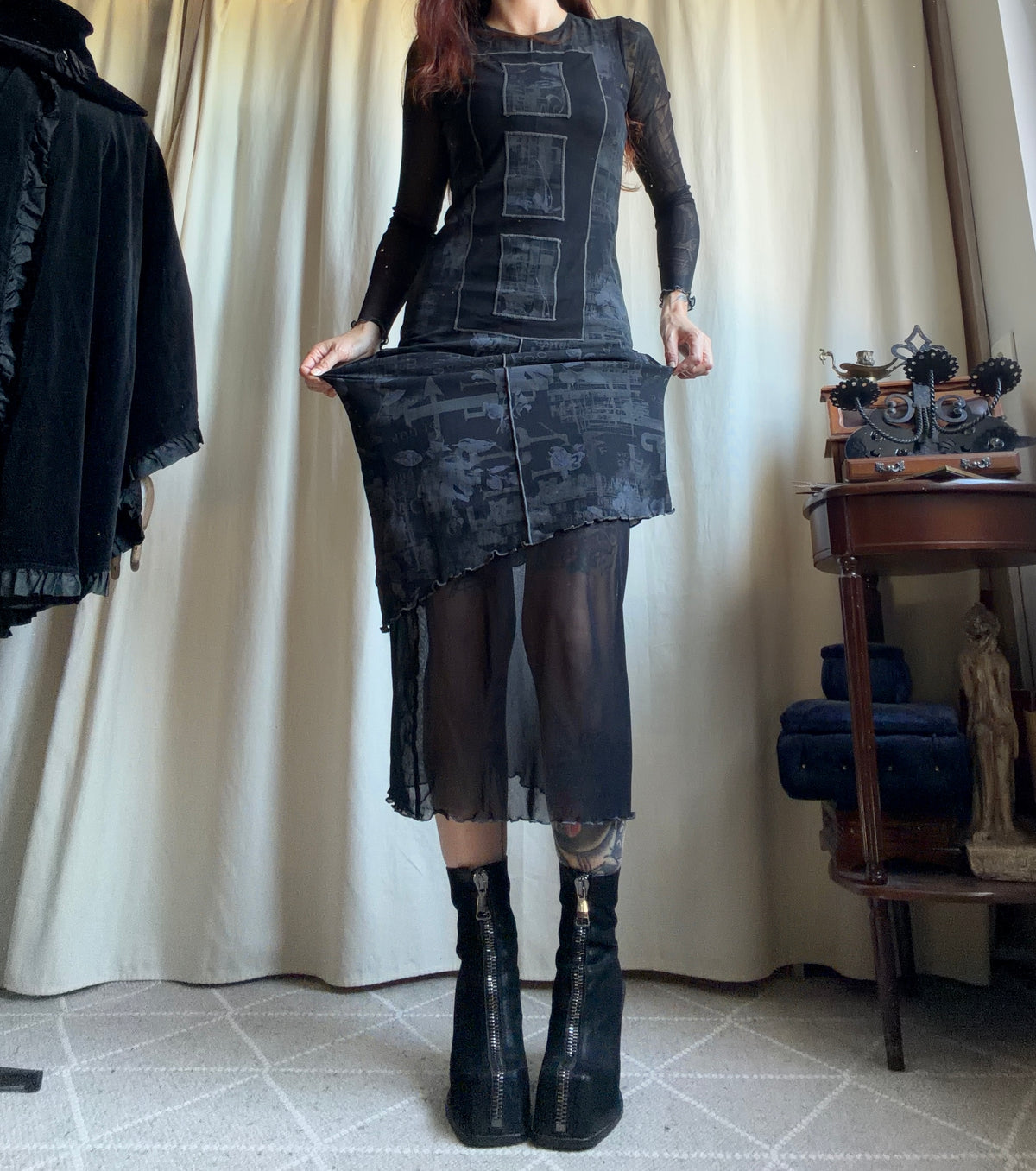 Graphic avant-garde goth cyber Y2K mesh maxi dress - size S