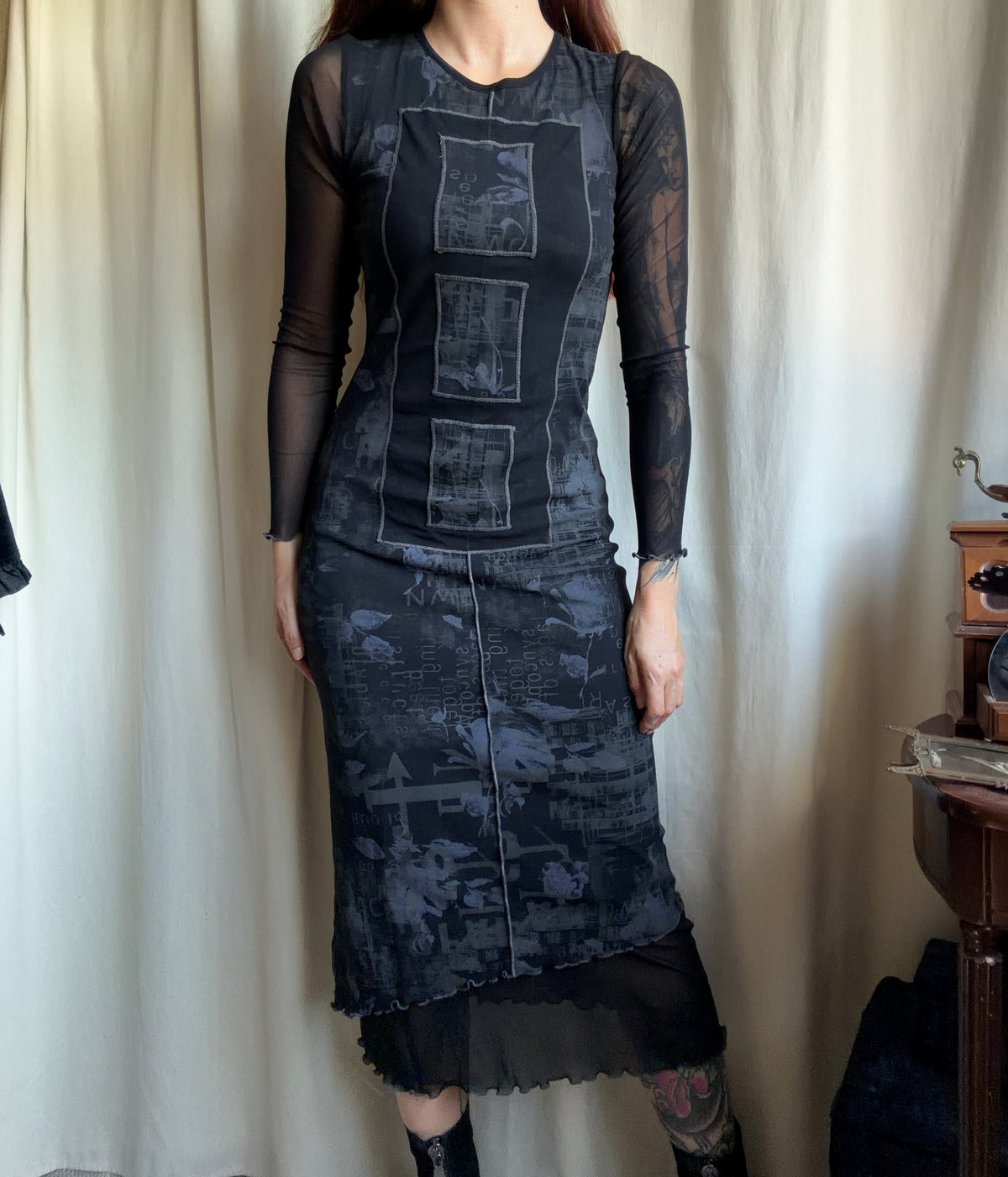 Graphic avant-garde goth cyber Y2K mesh maxi dress - size S