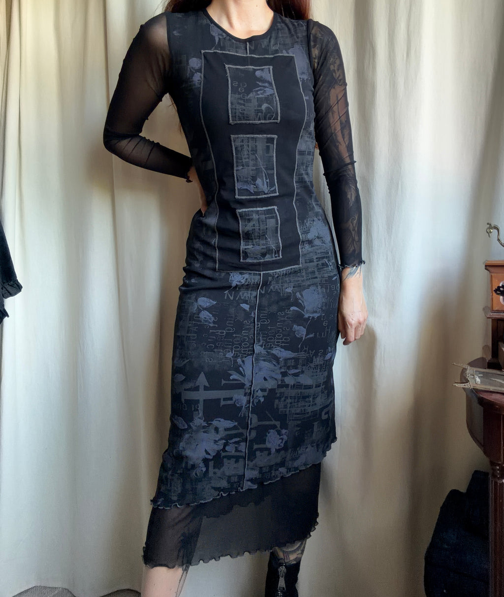 Graphic avant-garde goth cyber Y2K mesh maxi dress - size S