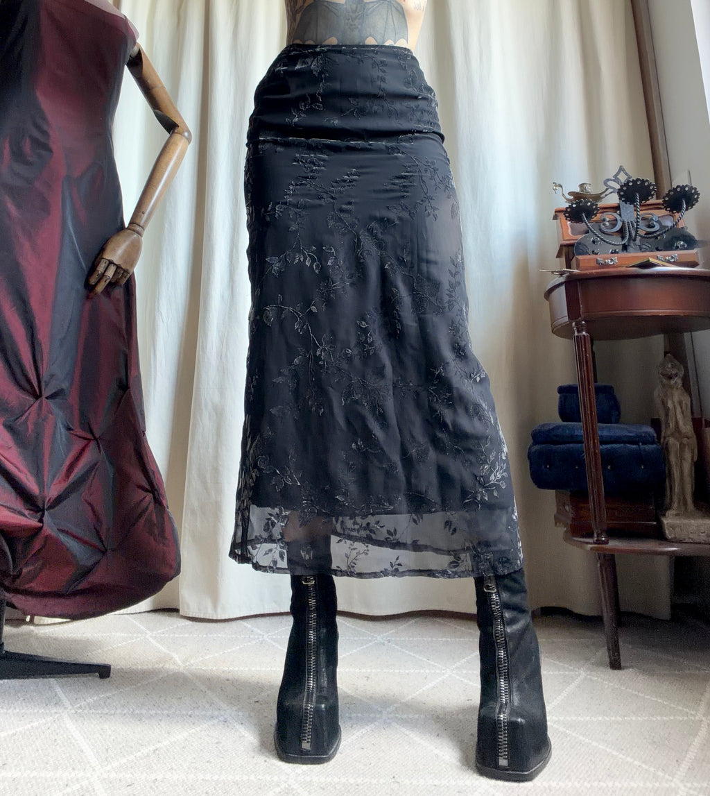 Jupe longue noire & mesh velours dévoré floral style romantic goth whimsigoth 90s - taille S