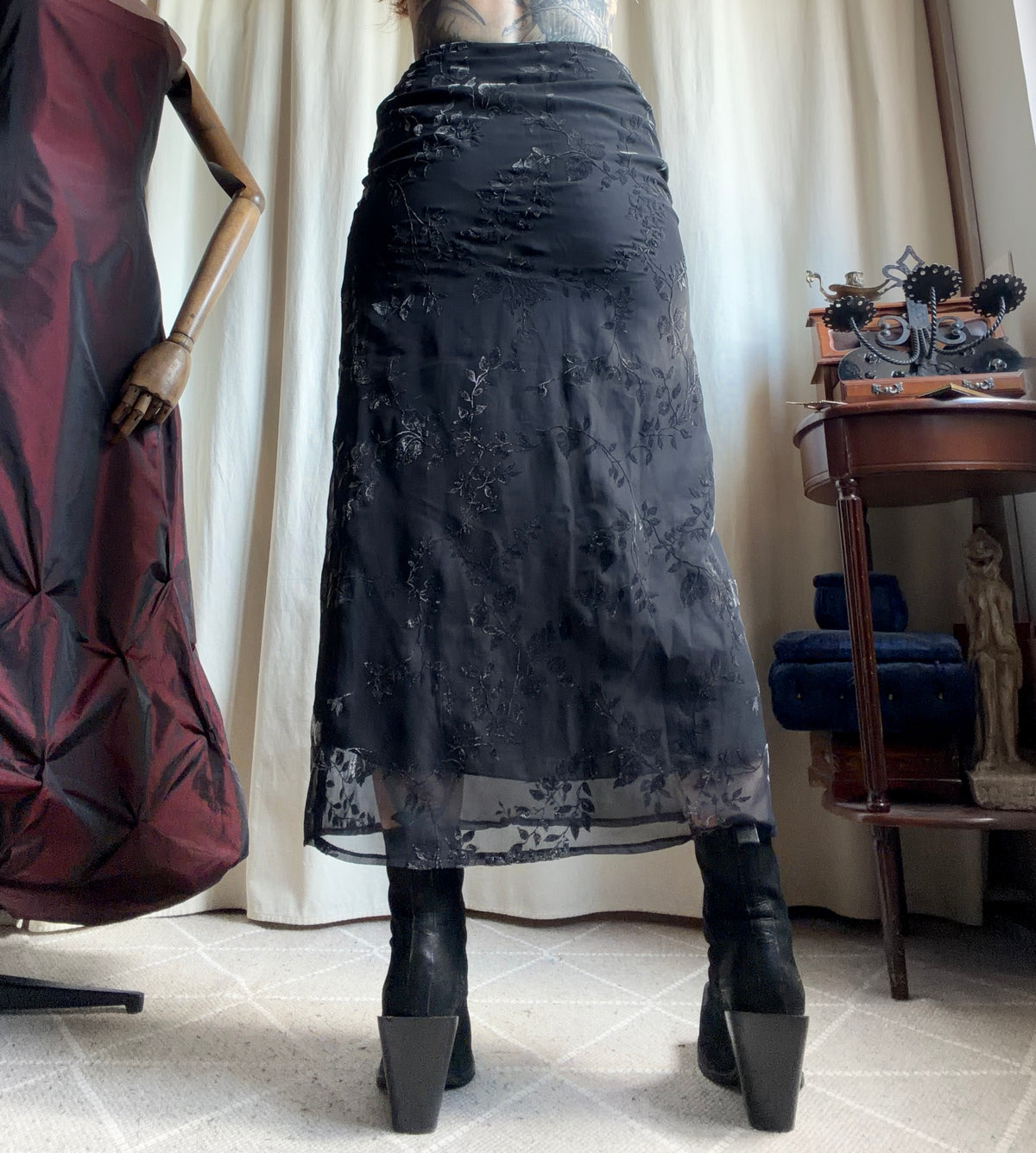 Jupe longue noire & mesh velours dévoré floral style romantic goth whimsigoth 90s - taille S