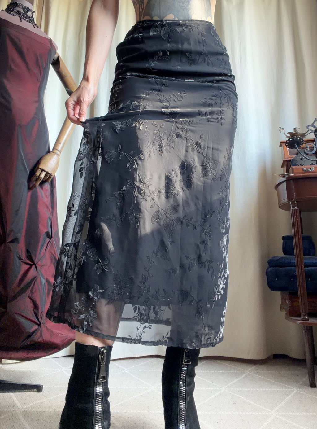 Jupe longue noire & mesh velours dévoré floral style romantic goth whimsigoth 90s - taille S