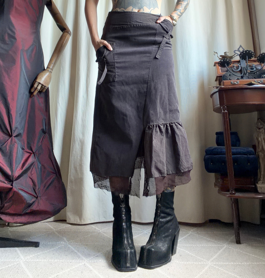 Jupe midi marron velours côtelé asymétrique style fairy grunge 90s - taille M