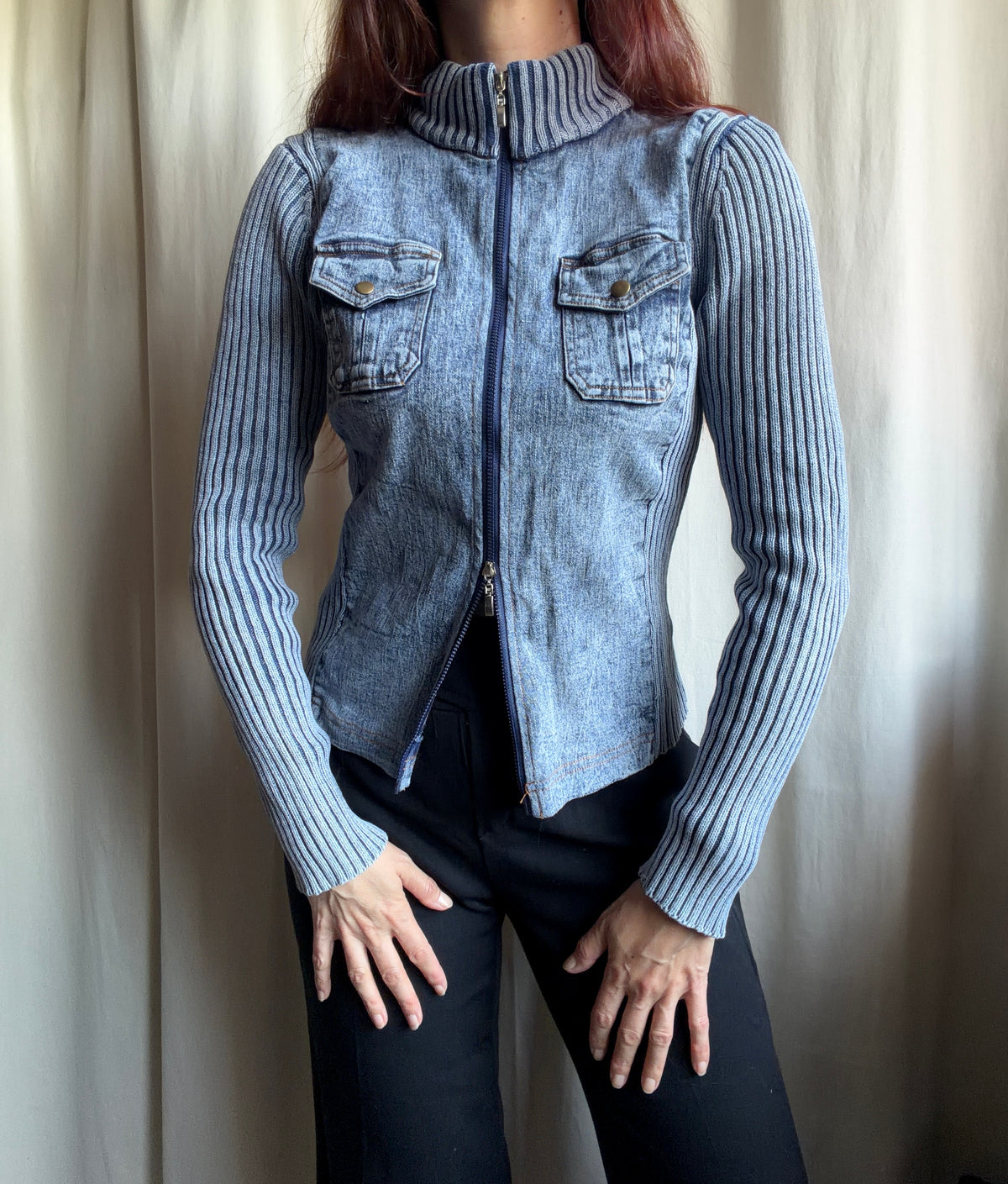Veste zippée denim et maille côtelée style mall goth cyber y2k - taille M/L