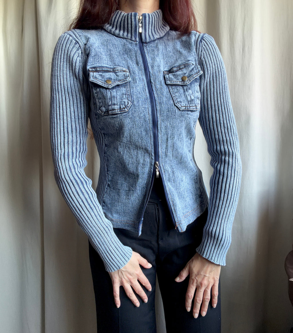 Veste zippée denim et maille côtelée style mall goth cyber y2k - taille M/L