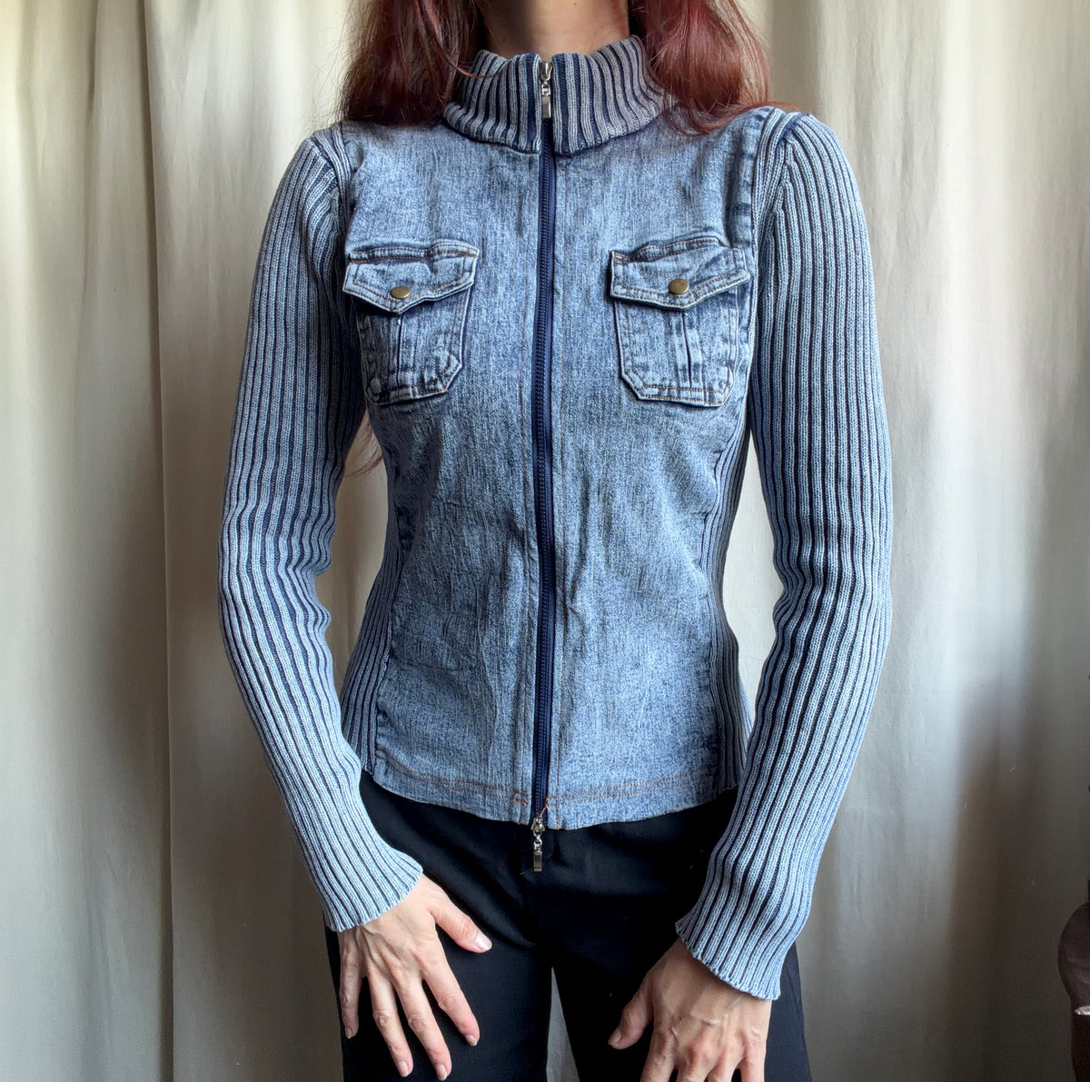 Veste zippée denim et maille côtelée style mall goth cyber y2k - taille M/L