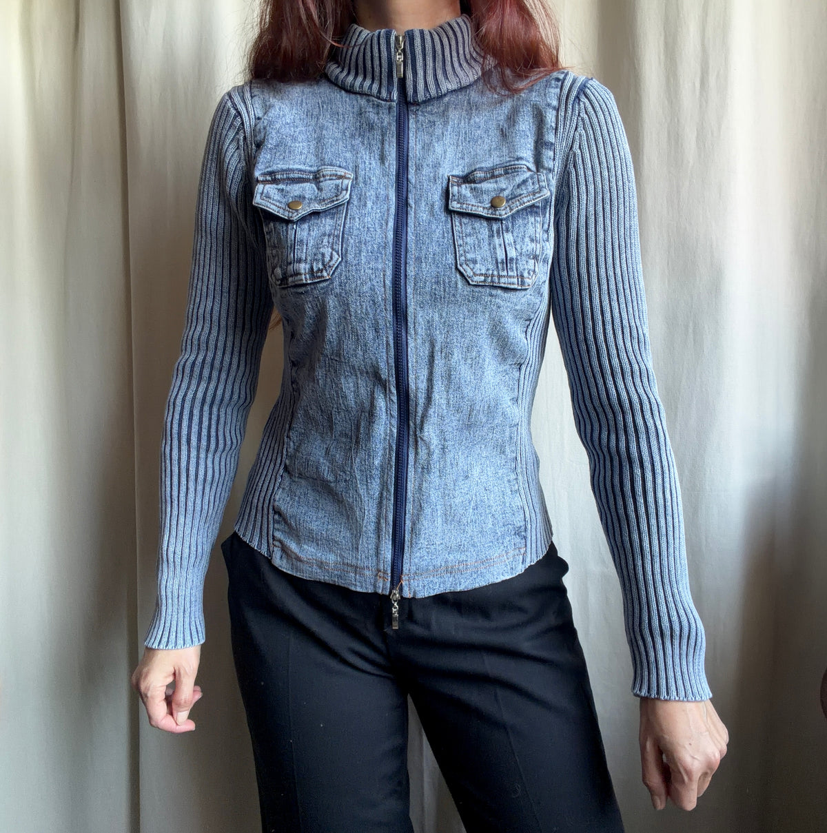 Veste zippée denim et maille côtelée style mall goth cyber y2k - taille M/L