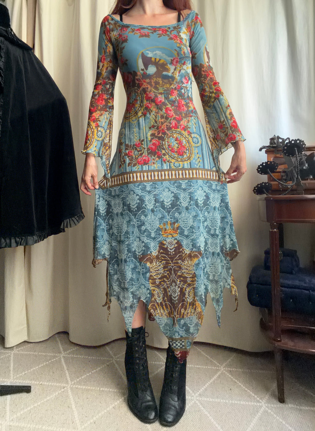 Save The Queen baroque floral print asymmetric hem dress – size S/M/L