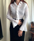 White pleated jabot shirt with flared sleeves – size L/XL